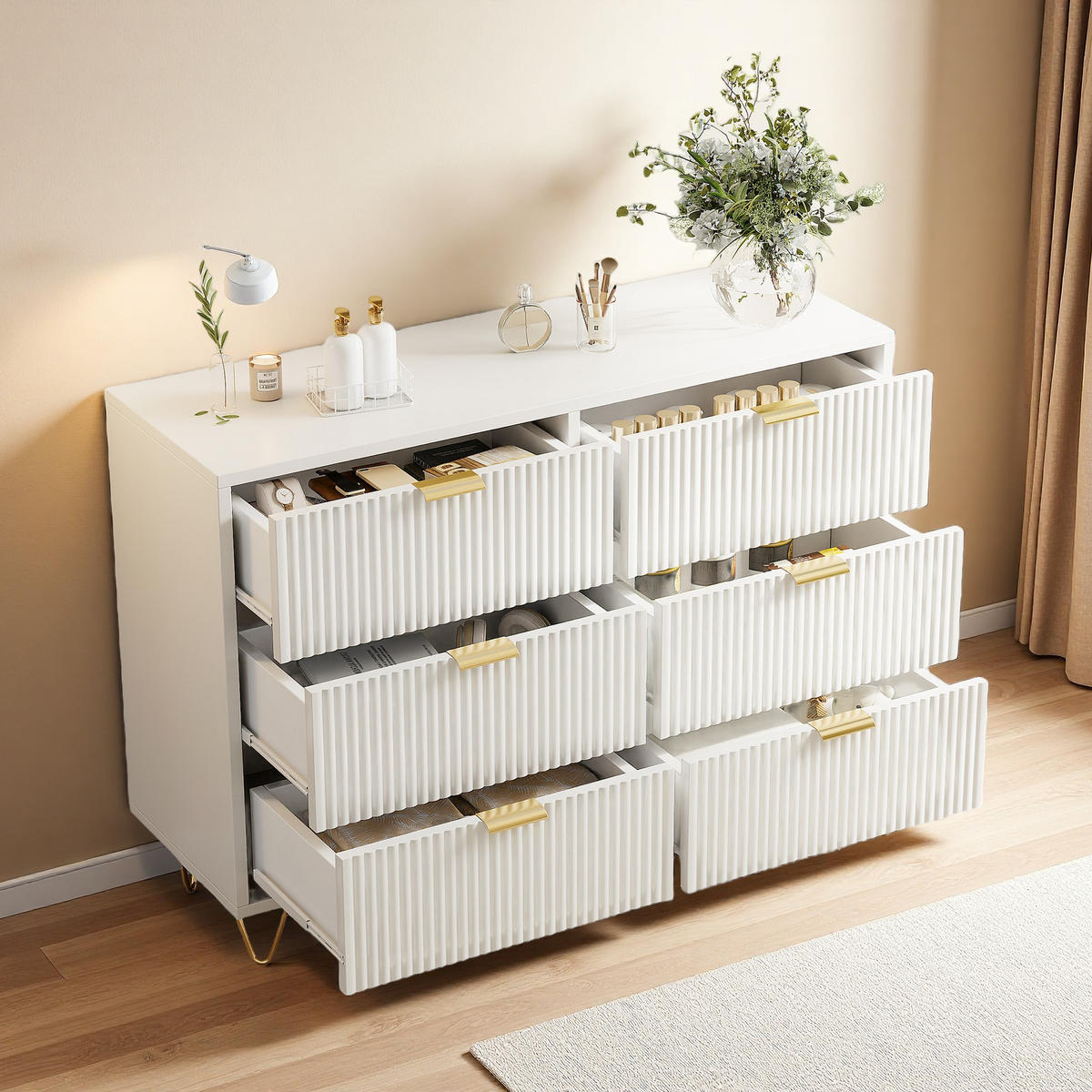 KOMMODE Weiß 6 Schubladen Goldgriffe Modern - Weiß, Holzwerkstoff (34/73/100cm) - SHOPENTRA