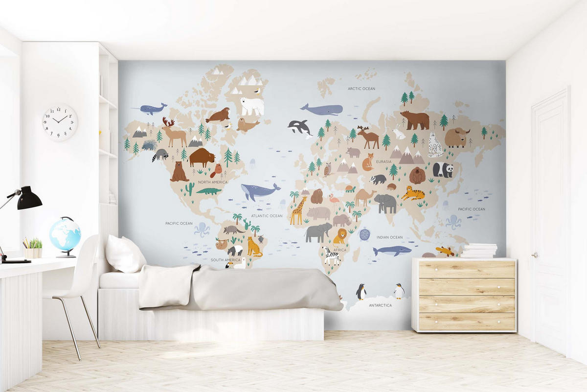 FOTOTAPETE Weltkarte für Kinder 350 x 279 cm - Blau, Papier (350/279cm) - Sanders & Sanders
