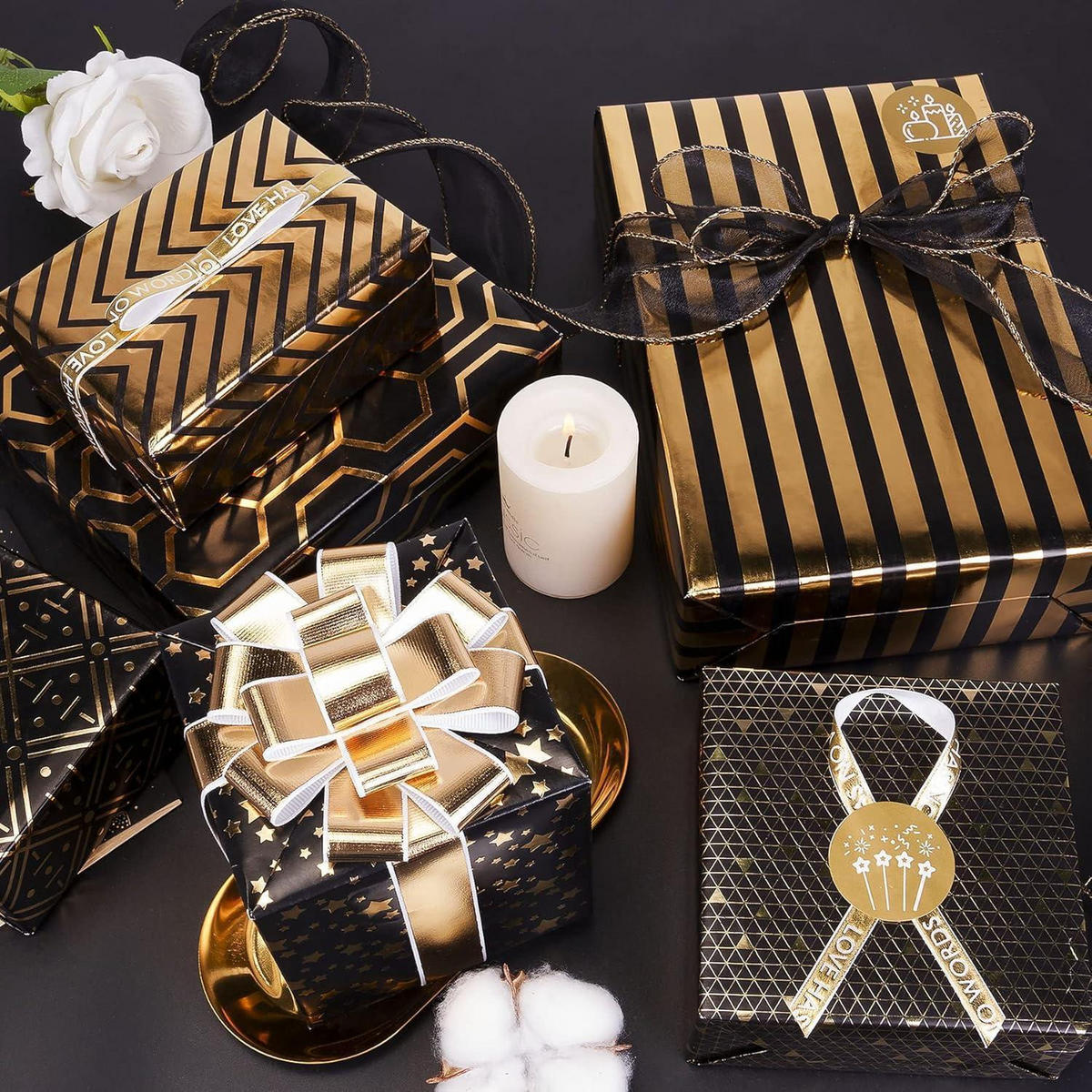 GESCHENKPAPIER Set Schwarz-Gold 6 Blatt 70 x 50 cm - Multicolor, Papier (50/50/70cm)