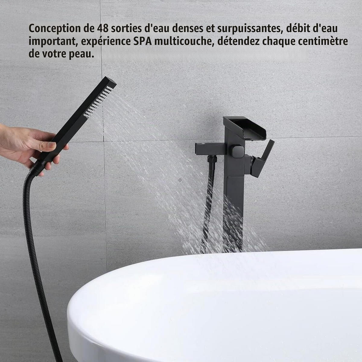 BADEWANNENARMATUR freistehend mit Wasserfallauslauf und Handbrause, schwarzer Griff, Innenanschluss - Schwarz, Metall (15/105/25cm) - TVTIUO