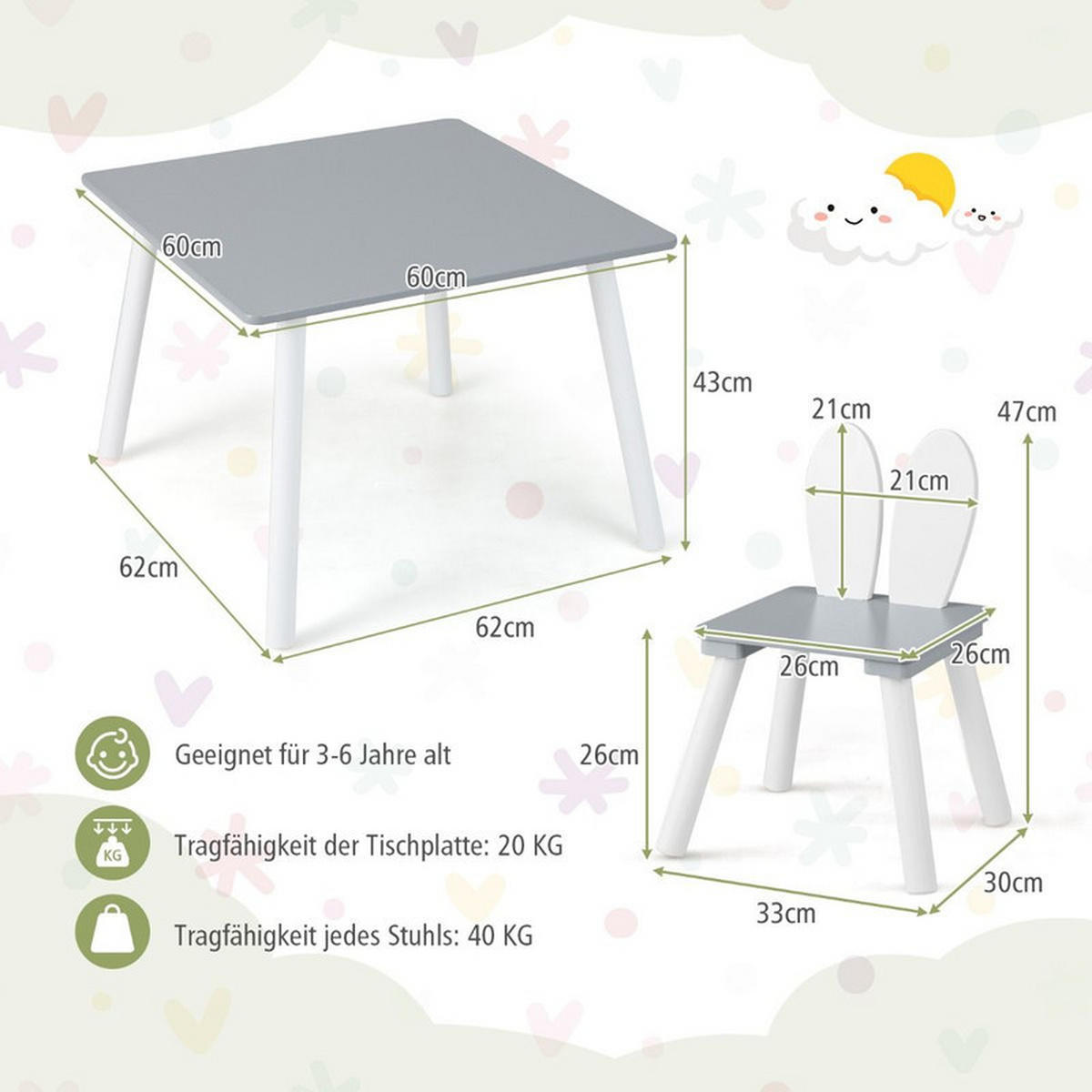 KINDERTISCH mit 2 Stühlen grau(3-tlg) - Grau, Holzwerkstoff (62/43/62cm) - COSTWAY