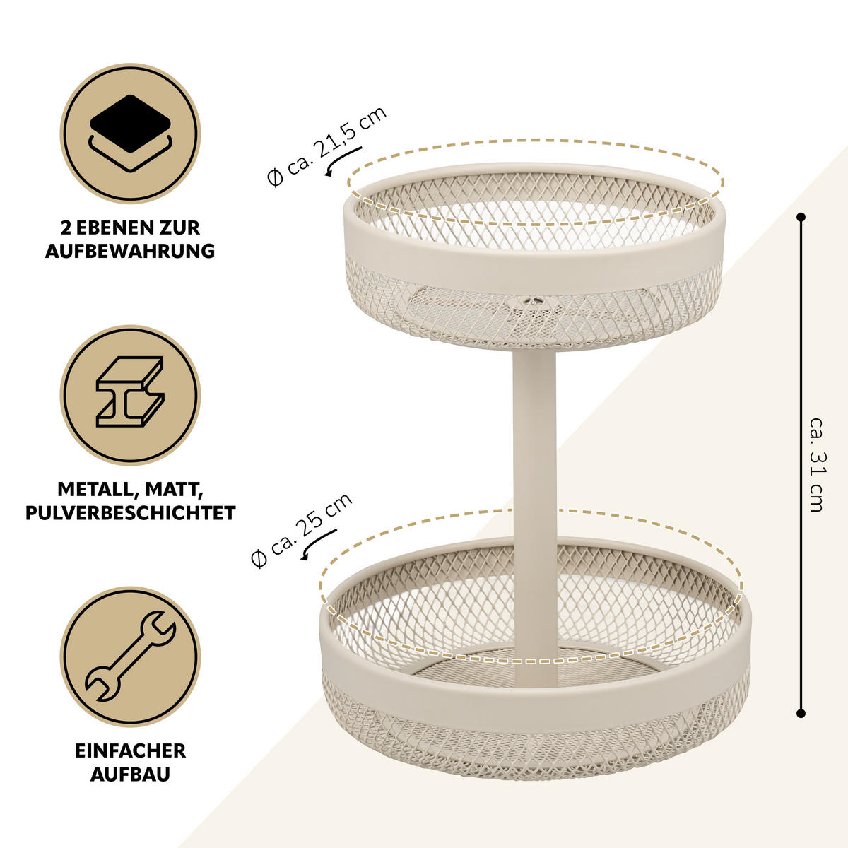 OBSTETAGERE, rund, 2-stöckig, Ø 20 cm und 25 cm, beige, Metall - Beige, Metall (25/31cm) - eluno