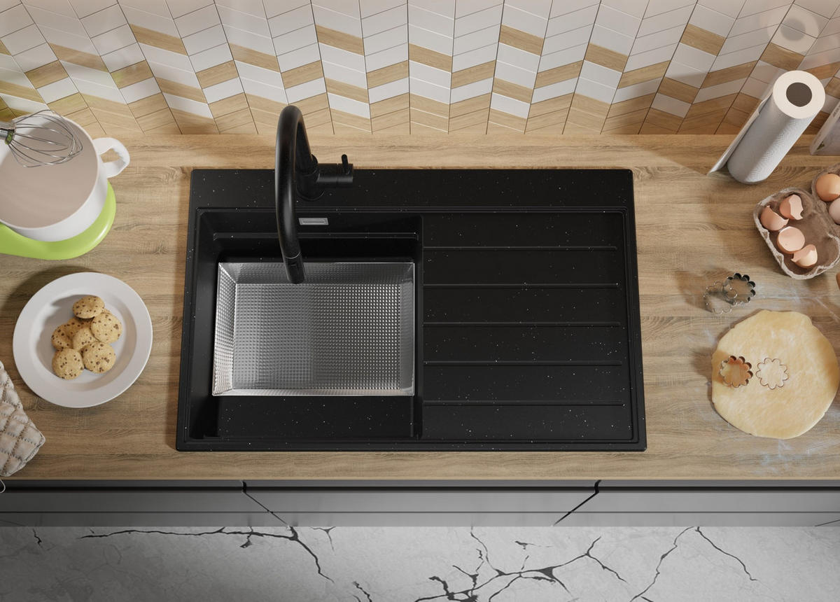 SPÜLBECKEN Sydney, 2-er set Schwarz Metallic 78/50 cm 1 Becken + Ablauf-Set + Küchenzubehörset ab 45er Unterschrank - Chromfarben/Schwarz Hochglanz, Kunststoff (78/20/50cm) - Primagran