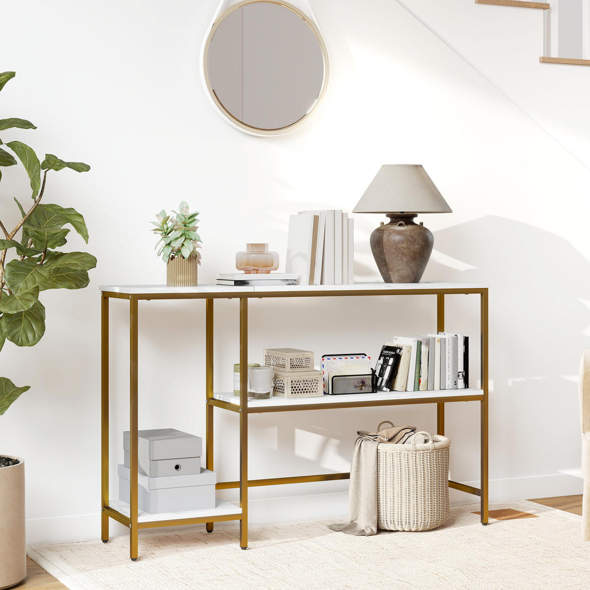 KONSOLENTISCH DE-16805 Marmor-Optik, 3 Ablagen Weiß & Gold - Weiß, Holzwerkstoff (120/30/76.5cm) - ComfortXL