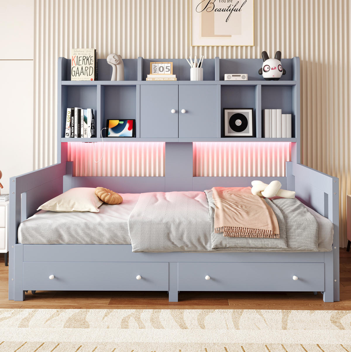 BETT 90/180×190 cm in Grau mit Stauraum, Steckdose und LED-Beleuchtung - Grau, Holz (180/190cm) - Flora Grace