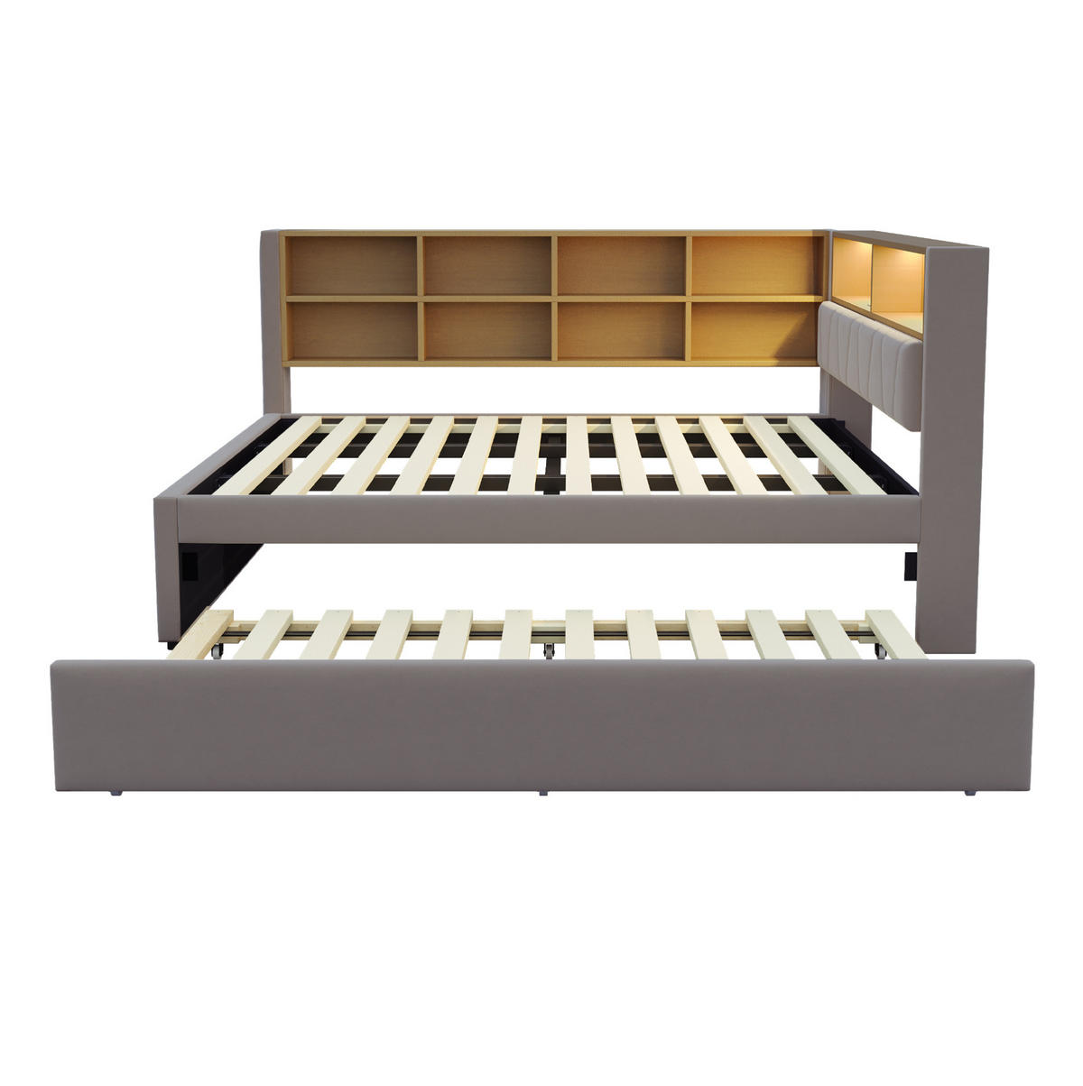 BETT 140/200 cm mit Ausziehbett 90/190 cm, LED und USB-/Type-C-Anschlüssen - Dunkelgrau, Textil (140/200cm) - Flora Grace