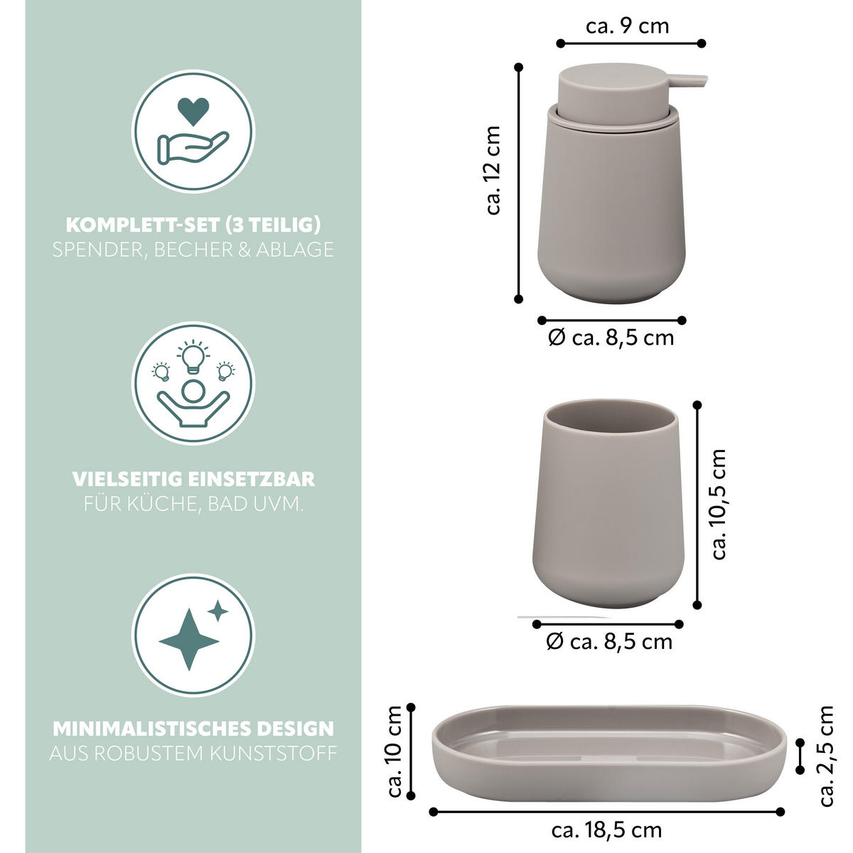 BAD-ACCESSOIRES-SET TESERO, Soft-Touch, taupe - Taupe, Kunststoff (18.5/13.5/10cm) - eluno