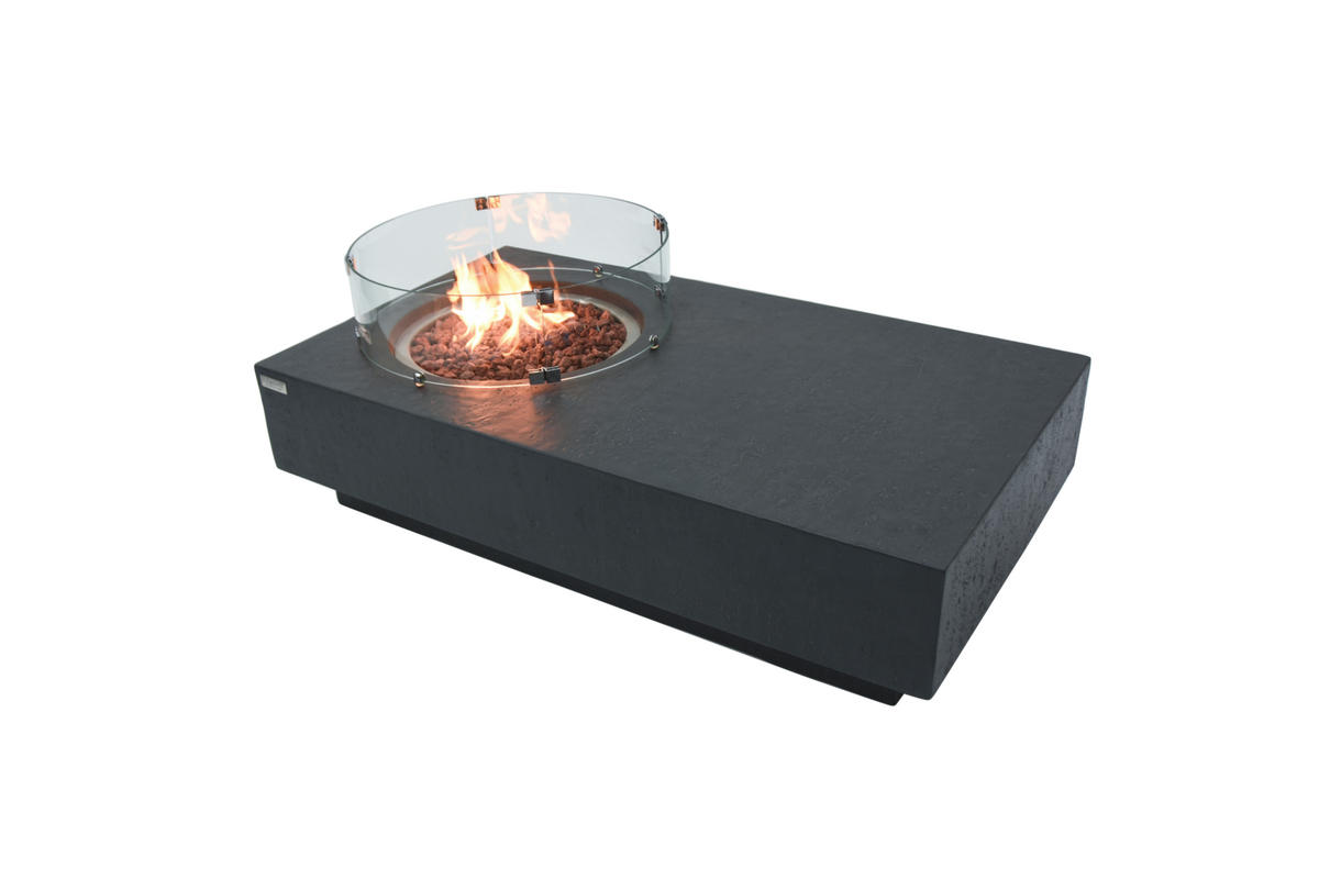 FEUERTISCH Metropolis Gasfeuerstelle aus GF-Beton - 4-tlg. Set inkl. Glasumrandung, Brennerabdeckung und Gasflaschen-Abdeckung - Dunkelgrau, Naturmaterialien (81/35/142cm) - Elementi