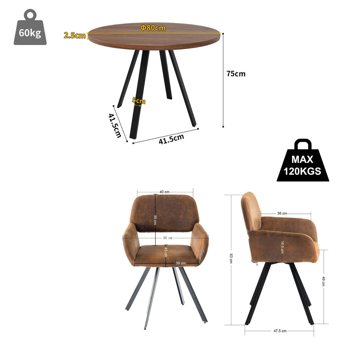 ESSTISCH-SET 1+4, runder Tisch in Walnuss-Optik mit 4 Esszimmerstühlen - Walnussfarben/Schwarz, Holzwerkstoff (80/75/80cm) - Urban Meuble