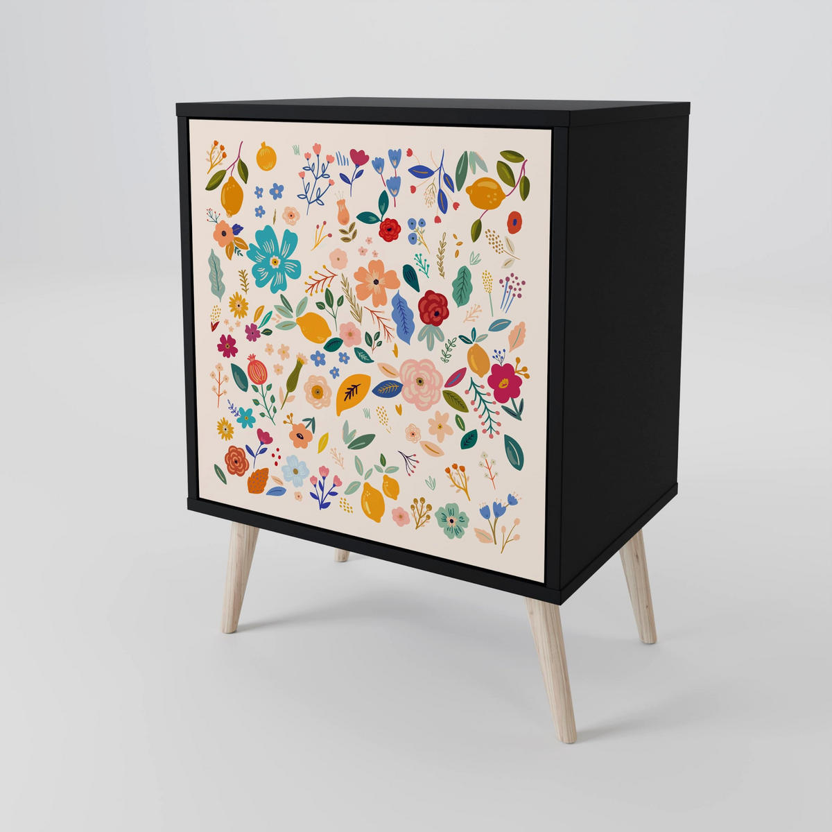 SIDEBOARD FLORAL COMBINATION, Schwarz, 57,5x42x67,5 cm, Schwarze Metall-Rahmenfüße - Multicolor/Schwarz, Holzwerkstoff/Metall (57.5/67.5/42cm) - SpaceRebels