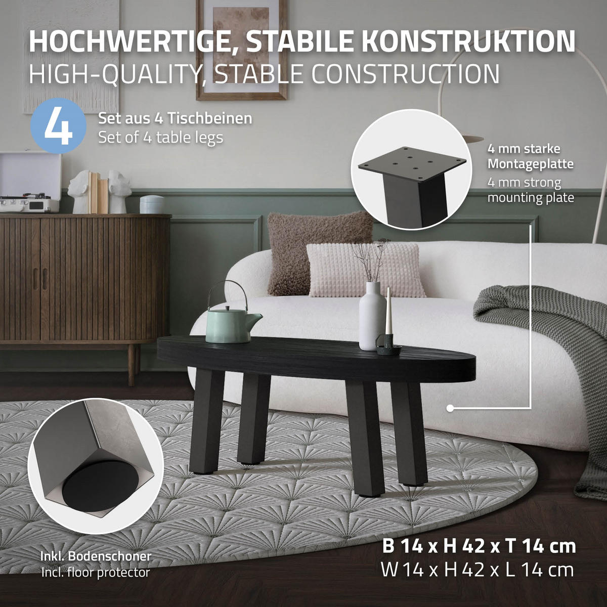 TISCHBEINE 4er Set I-96GRAD-Design H:42 cm Dunkelgrau 8x8 cm - Dunkelgrau, Metall (8/42/8cm) - ML-DESIGN