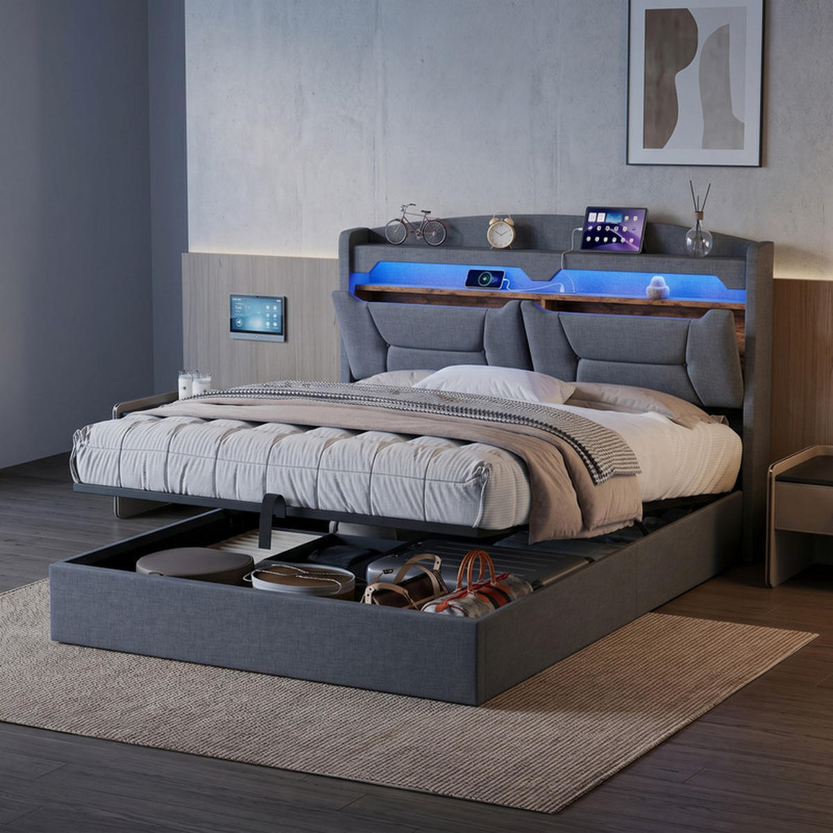 POLSTERBETT 140/200 cm grau mit Stauraum, LED und USB - Grau, Holz