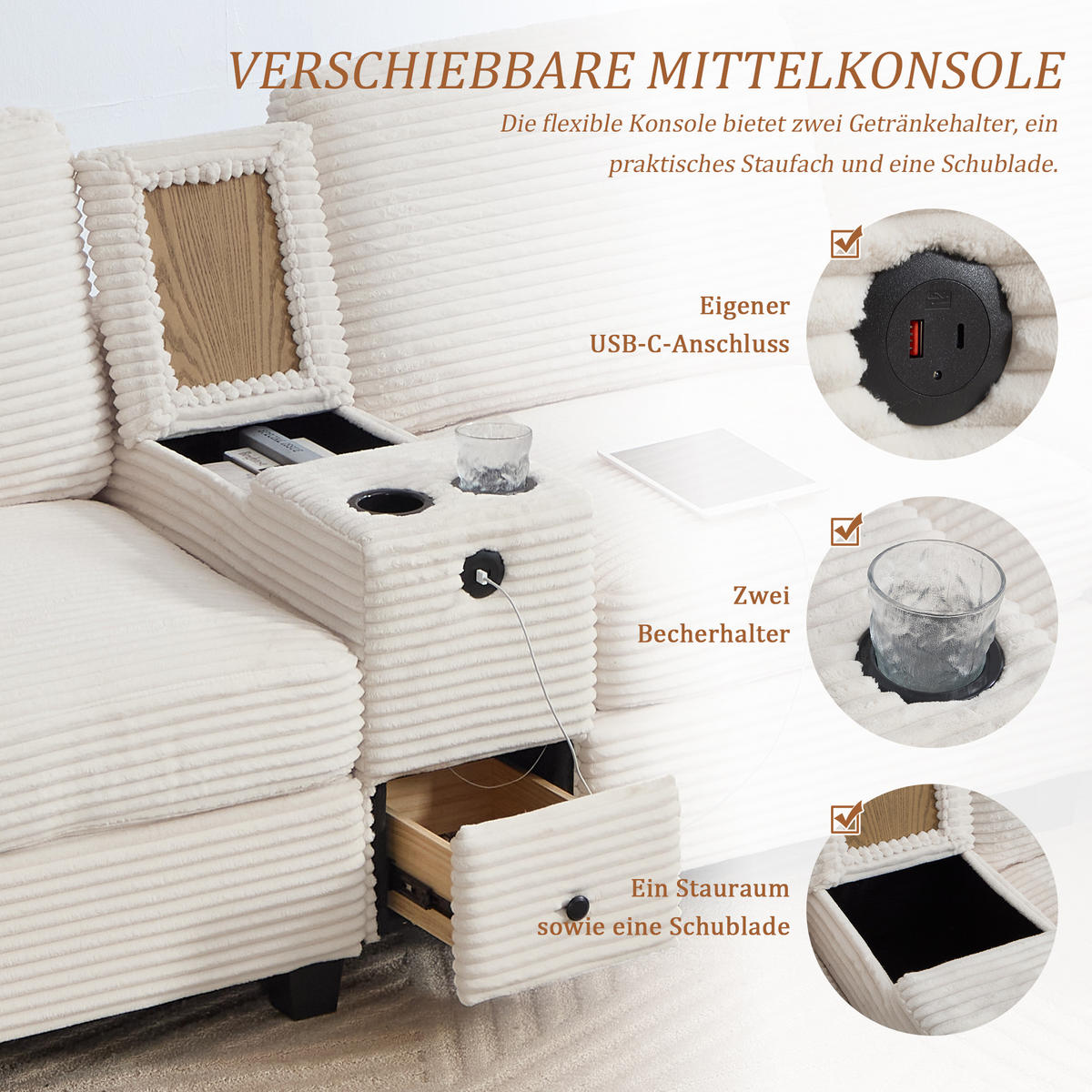 ECKSOFA Cord Beige mit USB-C, Stauraum und Hocker - Beige, Holzwerkstoff/Textil (266/136cm) - WISHDOR