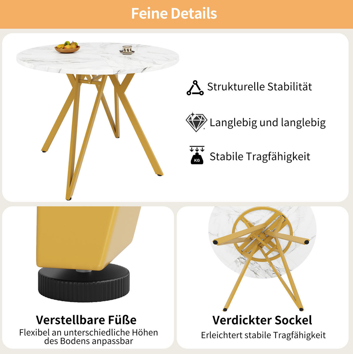 ESSTISCH, MDF mit Marmormuster & Metallgestell, 100/100/76 cm, Gold - Goldfarben, Holzwerkstoff (100/100/76cm) - Redom
