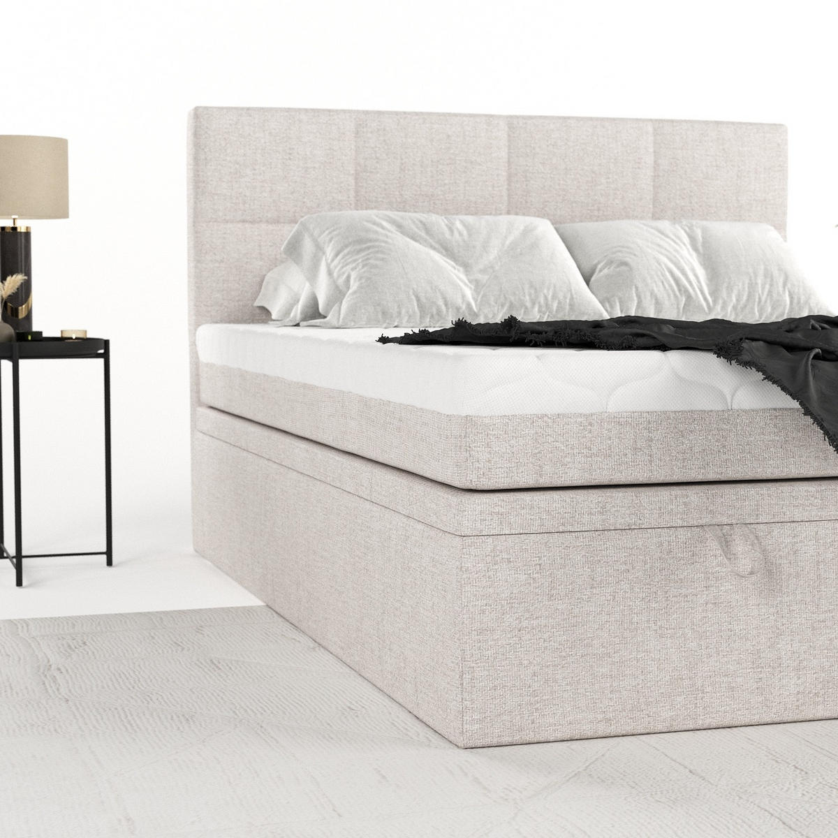 BOXBETT Tessa 200/200 cm Hellbeige im Neve Stoff - Sandfarben/Schwarz, Holz/Holzwerkstoff (200/200cm) - AltaBeds