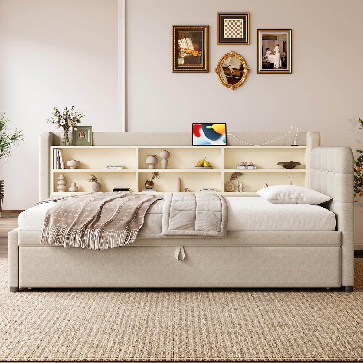 TAGEBETT 90x200cm + 180x200cm Beige Leinen Ausziehbett USB-C - Beige, Holz (180/200cm) - FLIEKS