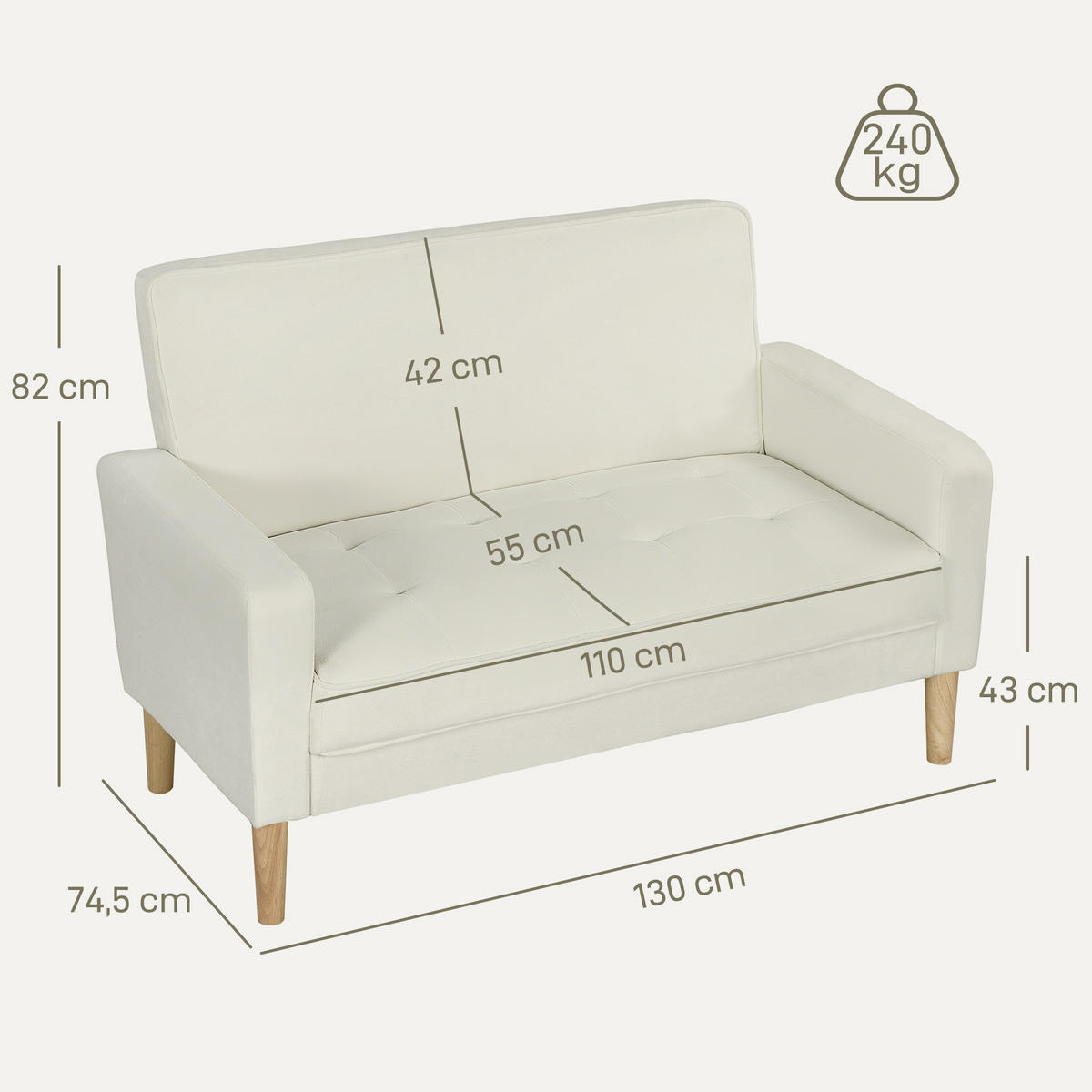 SOFA Polyester Gummiholz Cremeweiß - Creme/Naturfarben, Holz/Textil (74.5/82/130cm) - HOMCOM