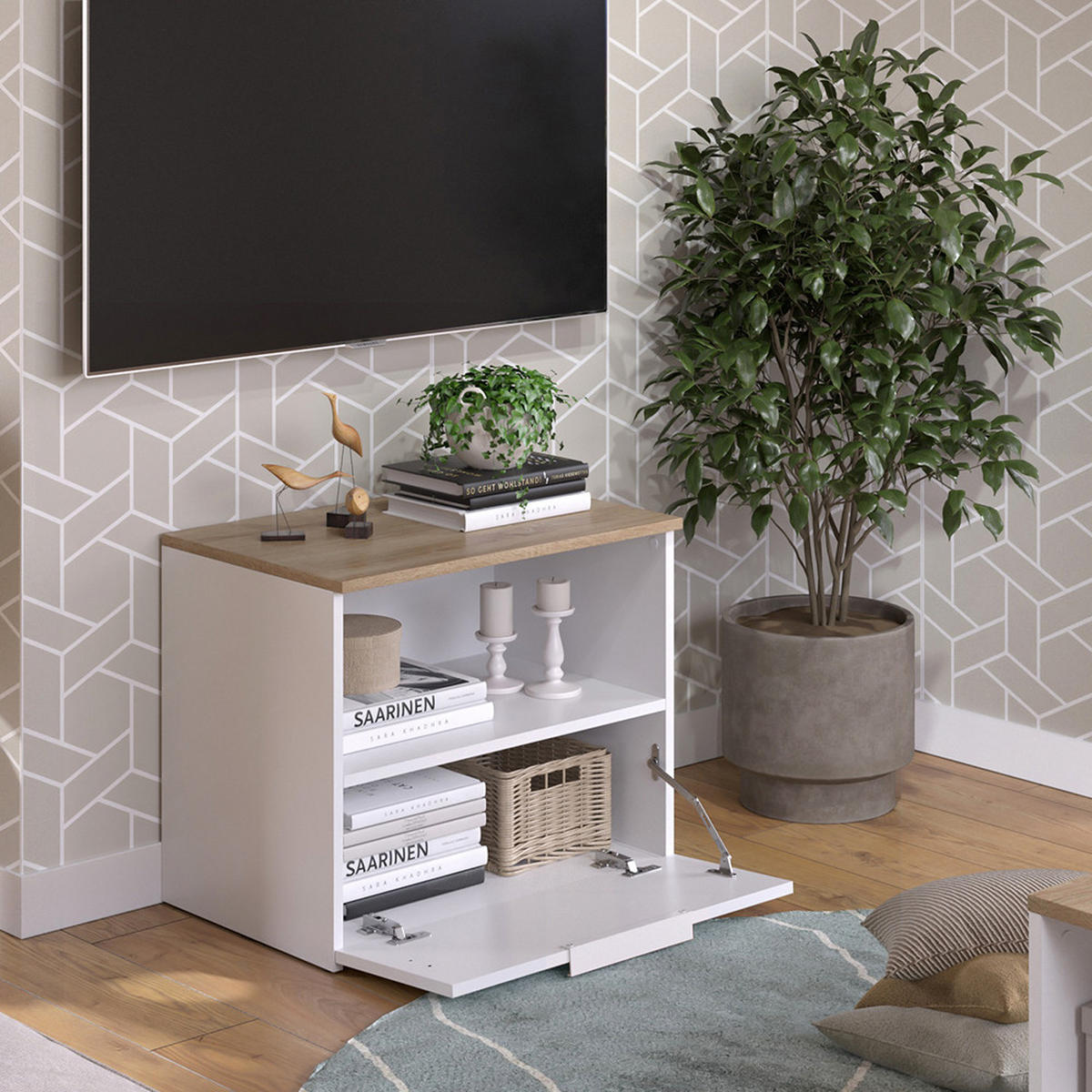 KOMMODE Wido Weiß/Sonoma 60 x 50 cm mit klappe - Weiß, Holzwerkstoff (60/50/40cm) - Vicco