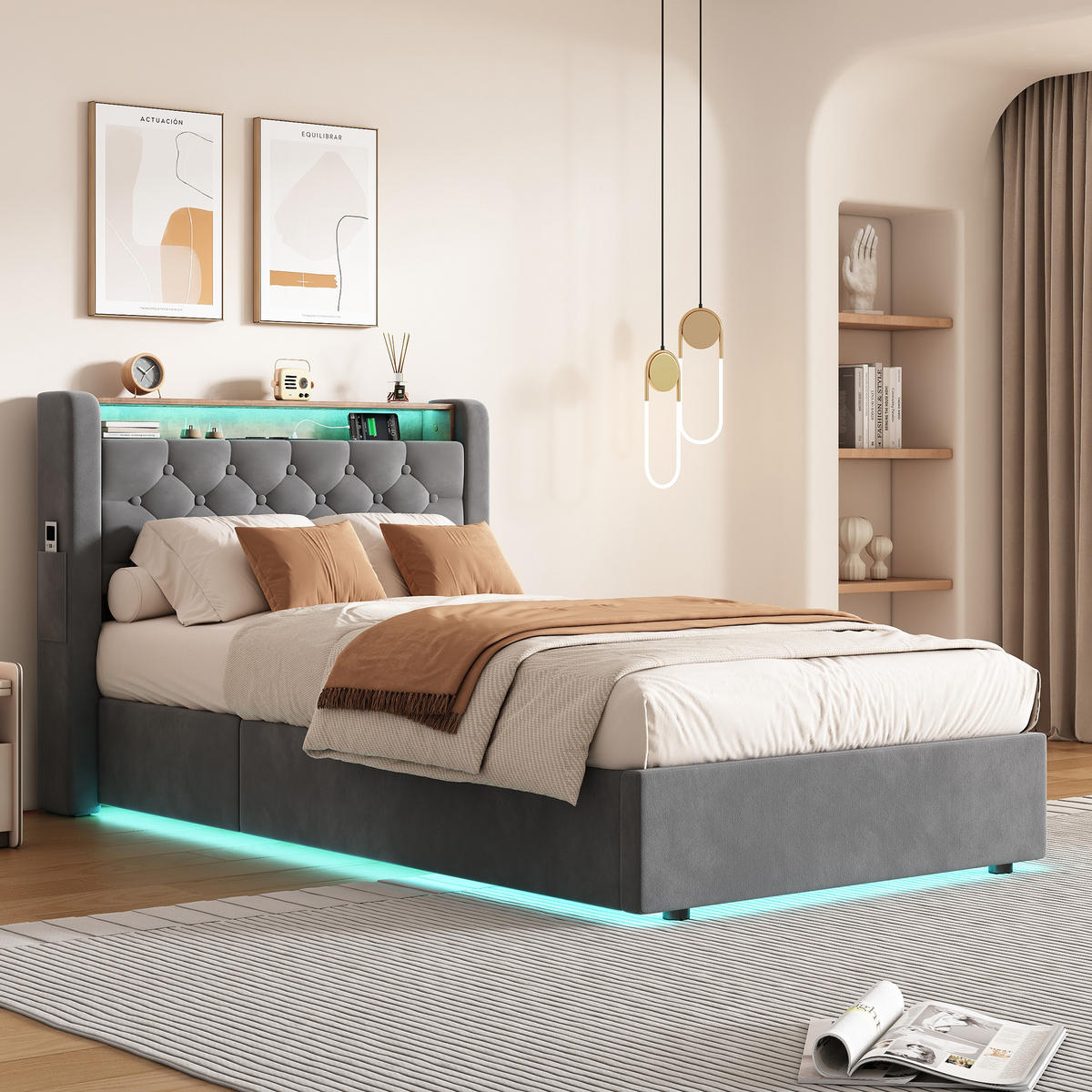 POLSTERBETT aus Samt 90x200 cm Grau mit LED-Beleuchtung & USB-Anschlüsse mit hydraulischem Stauraum - Grau, Textil (90/200cm) - Modfu