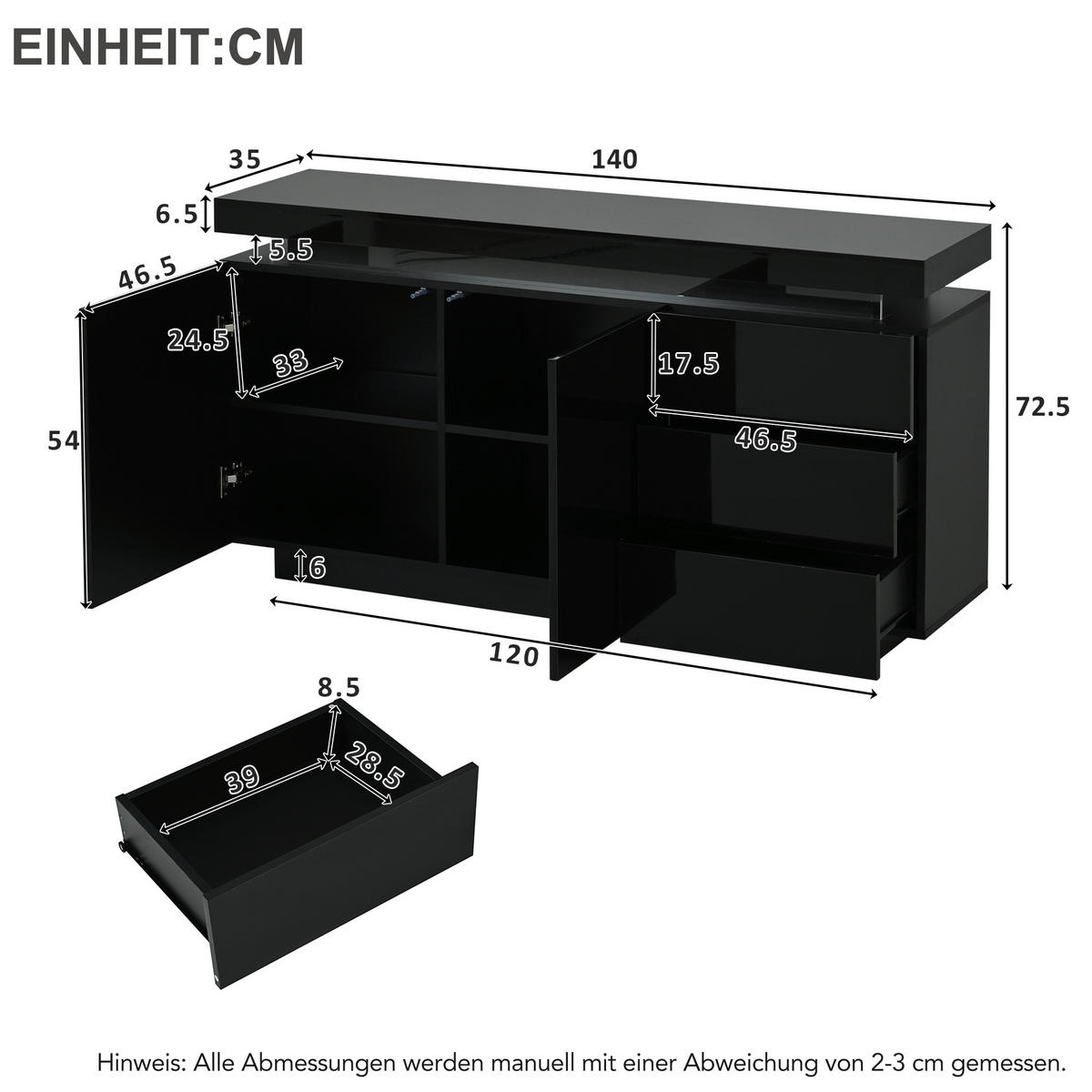 SIDEBOARD LED Hochglanz 2 Türen 3 Schubladen Schwarz 140cm modern - Schwarz, Holzwerkstoff (38/72/140cm) - FLIEKS