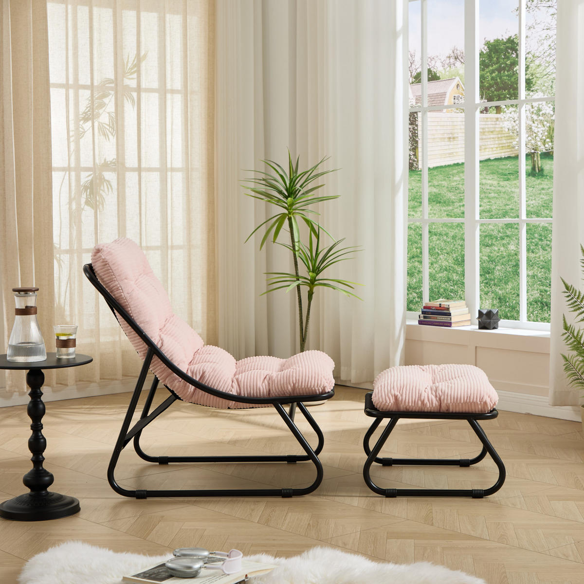 SCHAUKELSTUHL mit Dickem Kissen und Hocker Metallrahmen,für Garten Balkon Wohnzimmer Rosa - Pink, Metall (65/86/78cm) - PARAFTA HOME