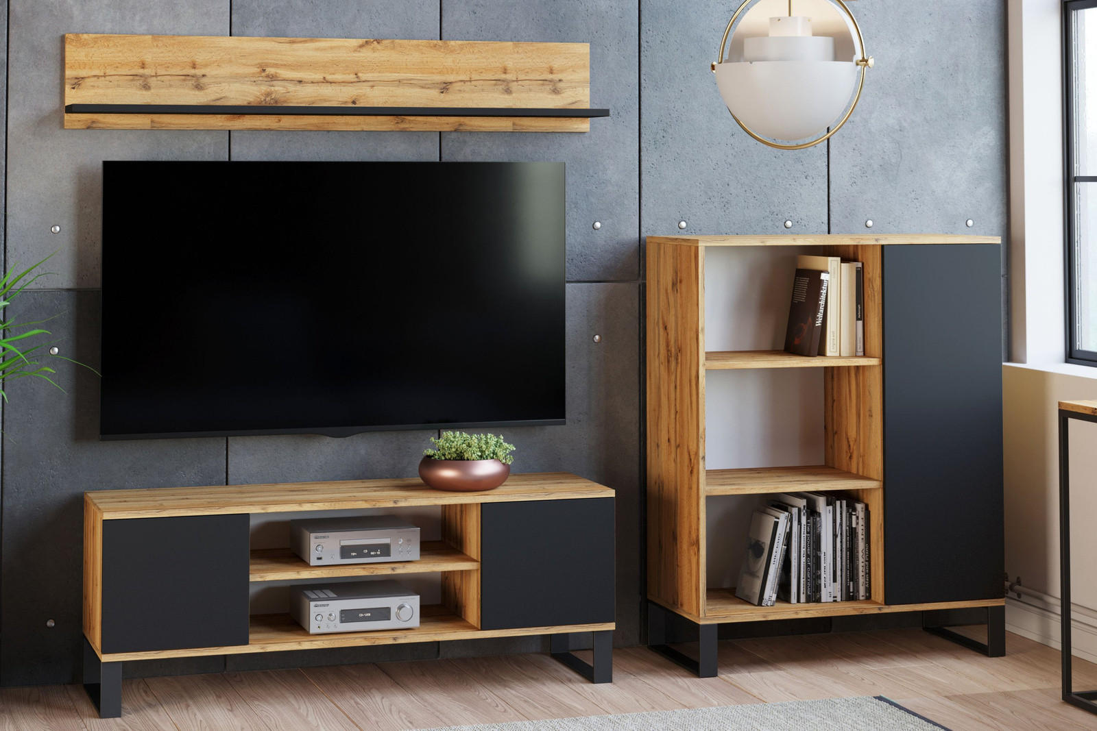 LOWBOARD Focus - Eichefarben/Schwarz, Holzwerkstoff (40/49/155cm) - RAUMHIRSCH FURNITURE