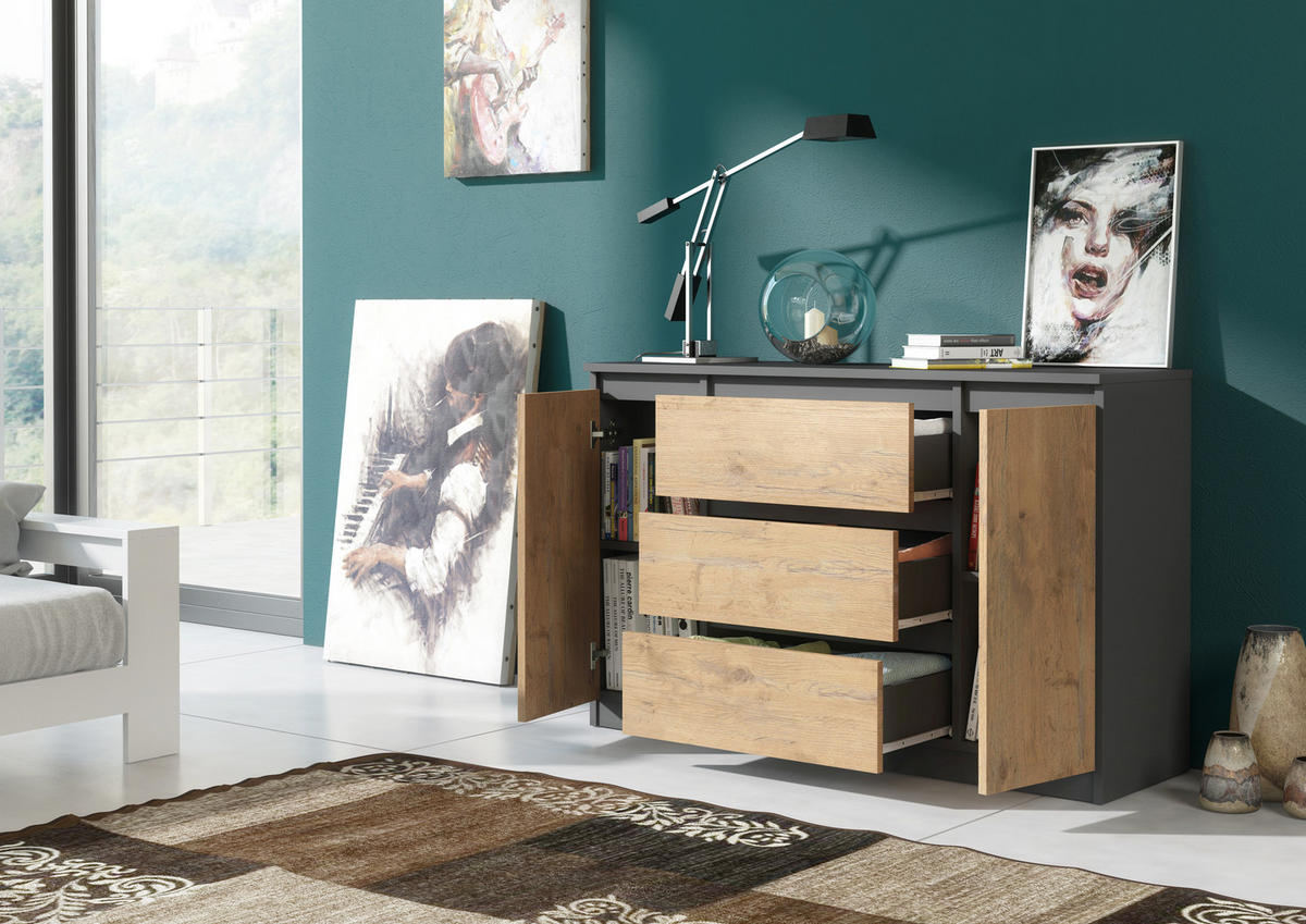 KOMMODE NUDO 120/78,5/39cm mit 3 Schubladen 2 Türen Anthrazit - Eichefarben/Anthrazit, Holzwerkstoff (120/78.5/39cm) - MASSENO