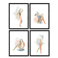 POSTER Set mit 4 Töne und Pastell weibliche Figuren Blumenmischung A4 Schwarzer Rahmen - Schwarz, Papier (29.7/3cm) - Nacnic
