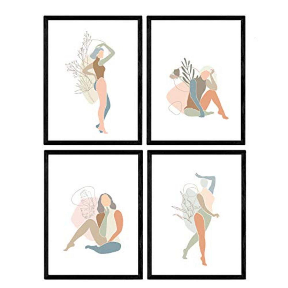 POSTER Set mit 4 Töne und Pastell weibliche Figuren Blumenmischung A4 Schwarzer Rahmen - Schwarz, Papier (29.7/3cm) - Nacnic