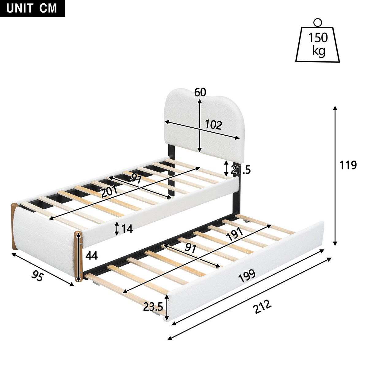 POLSTERBETT 90/200 cm Weiß aus Plüsch mit ausziehbarem Rollbett - Weiß, Textil (90/200cm) - OKMYHOME