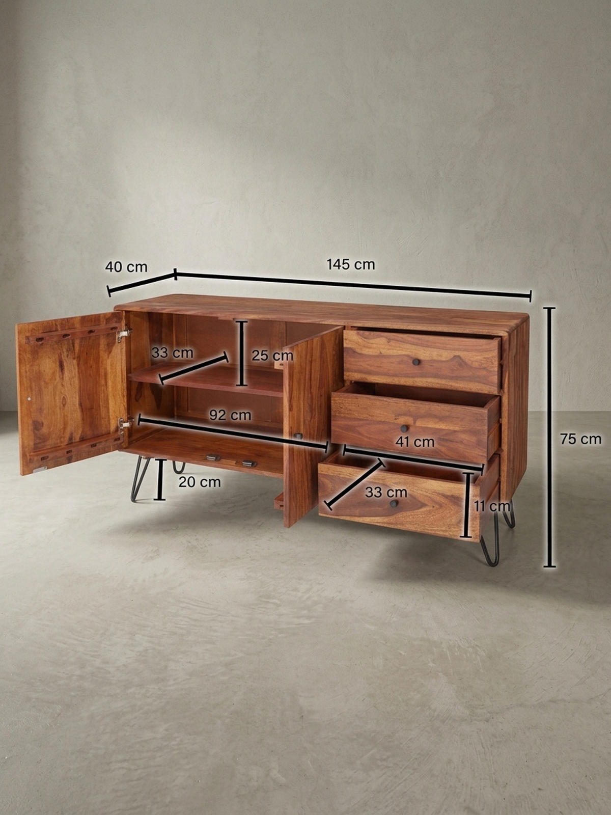SIDEBOARD – Massivholz, 145x75x40 cm, 3 Schubladen, 2 Türen, Landhausstil, Haarnadelbeine - Schwarz/Braun, Holz/Metall (145/75/40cm) - KADIMA DESIGN