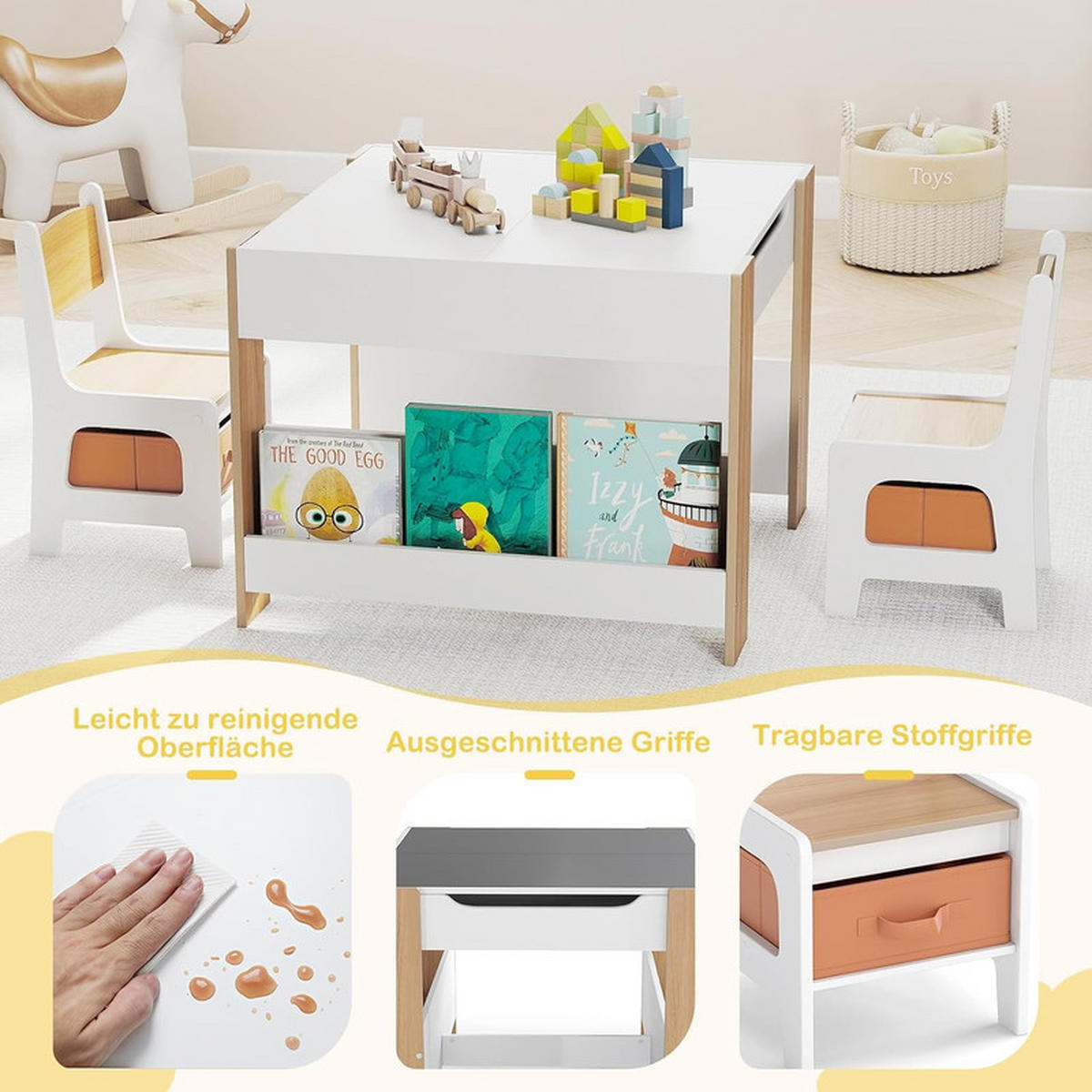 KINDERTISCH mit Stuhl natur(3-tlg) - Naturfarben, Holzwerkstoff (61.5/48/61.5cm) - COSTWAY