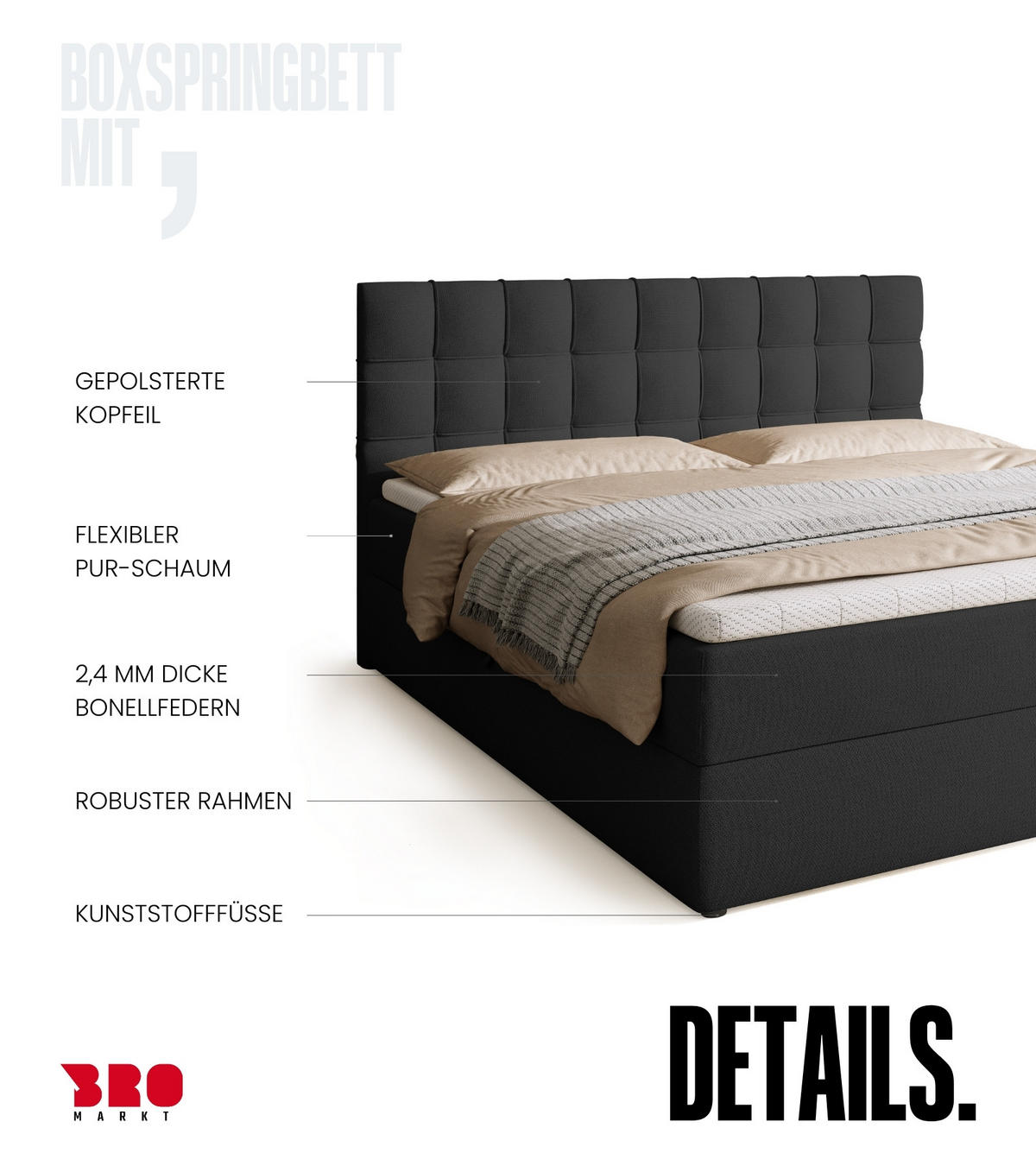 BOXBETT Detroit mit Topper 180/200 Anthrazit - Anthrazit, Holzwerkstoff/Textil (180/200cm) - Bromarkt