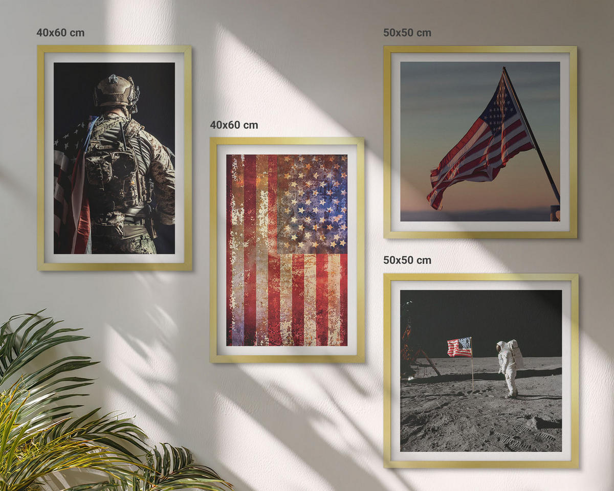 BILDER SET 4er Set - 50x50 cm & 40x60 cm Goldrahmen - Amerikanische Symbole, USA-Flagge - Goldfarben, Kunststoff (50/50cm) - TULUP