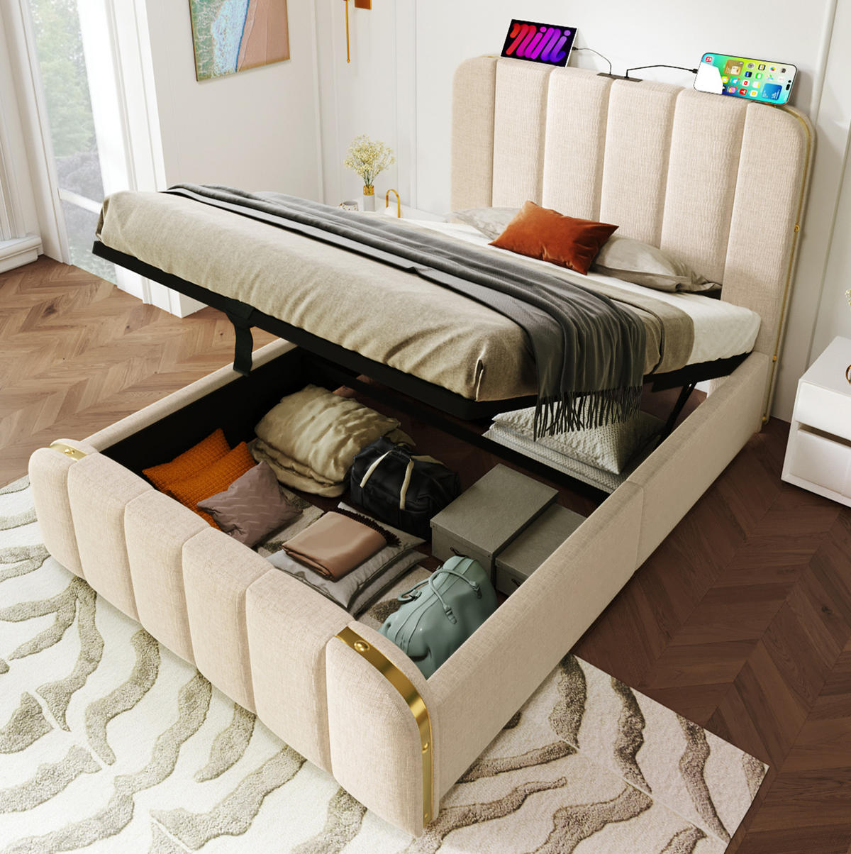 POLSTERBETT mit Stauraum und USB/Typ-C 90x200 cm Beige Leinen inkl. Matratze - Beige, Metall (90/200cm) - Meubliv
