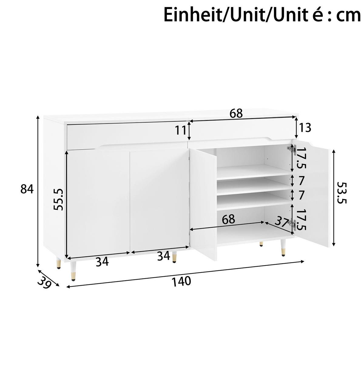 SCHUHSCHRANK 140/39/84 cm in Weiß mit 2 Türen, 2 Schubladen und Soft-Close - Weiß, Holzwerkstoff (140/84/39cm) - BEAOK