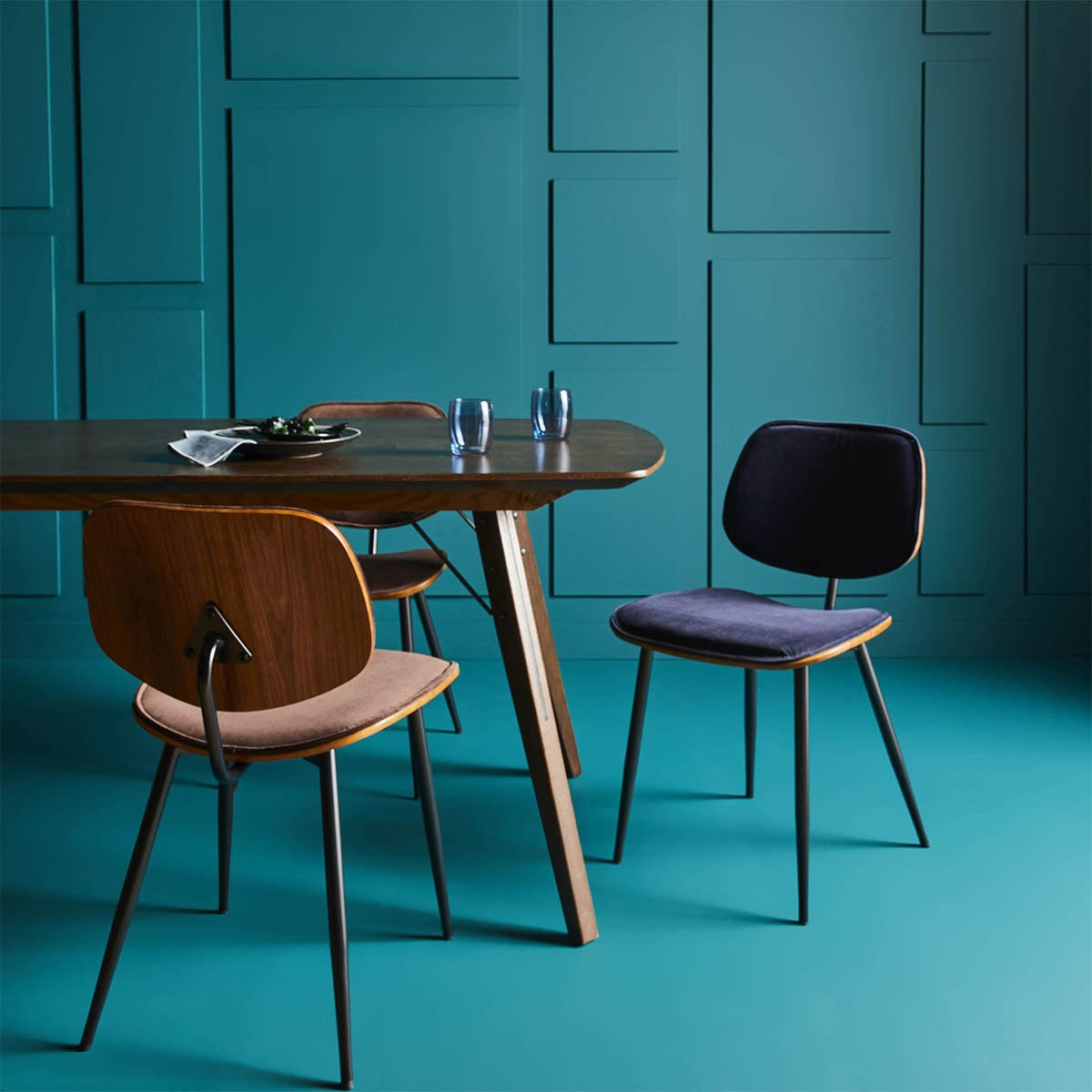 VELOURS-STÜHLE im 2er-Set mit Holz-Finish - Olympia - Blau, Holz (76.5/76.5/46cm) - Signature