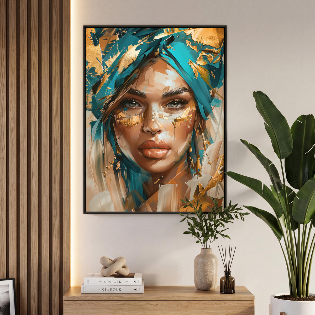 LEINWAND Bilder mit Rahmen - Frau - Porträt - Gold - Luxus - Blau - 70x100 - Türkis, Textil (70/100cm) - MuchoWow