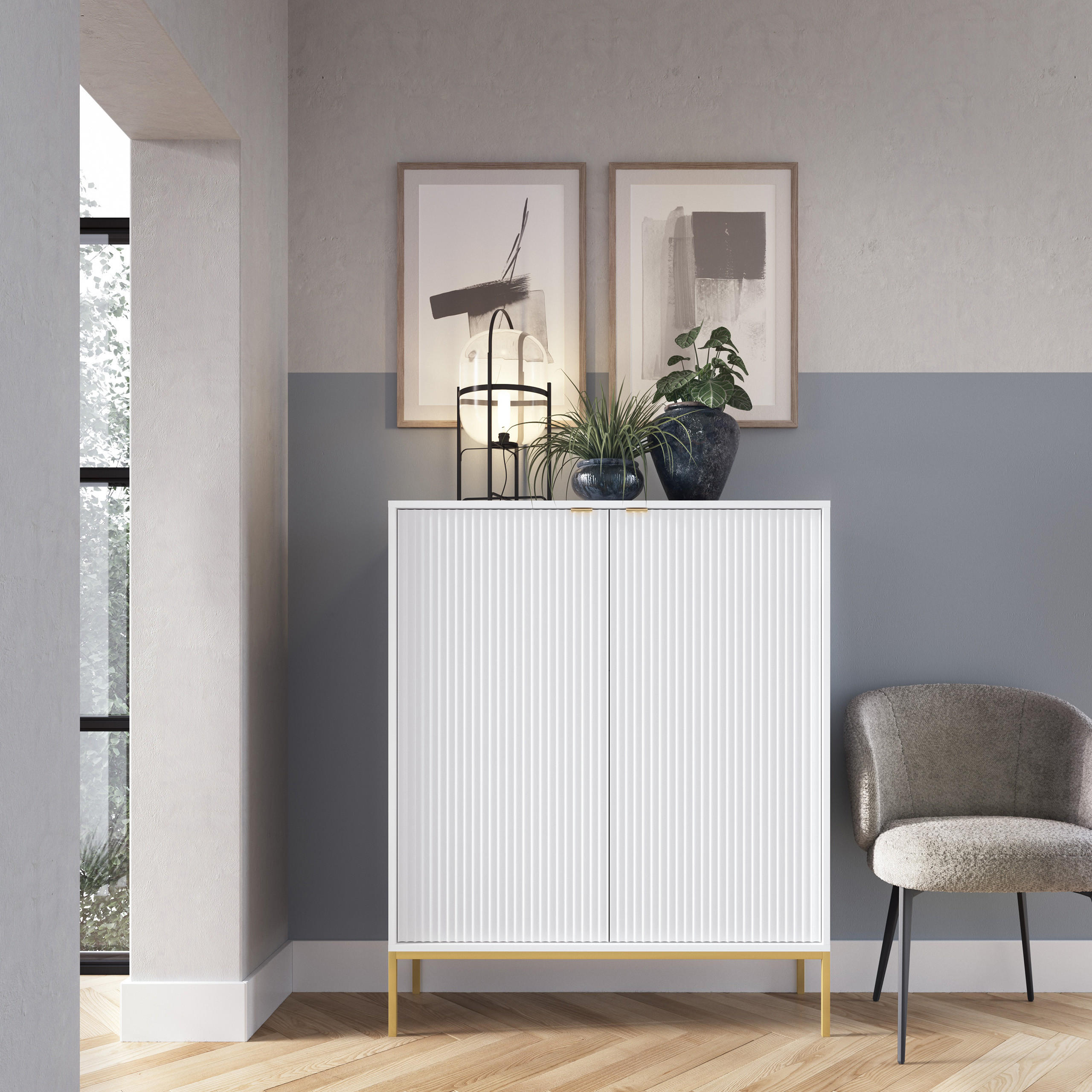 HIGHBOARD STELLARE 104/125/39 cm mit 2 Türen Weiß - Goldfarben/Weiß, Holzwerkstoff (104/125/39cm) - MASSENO