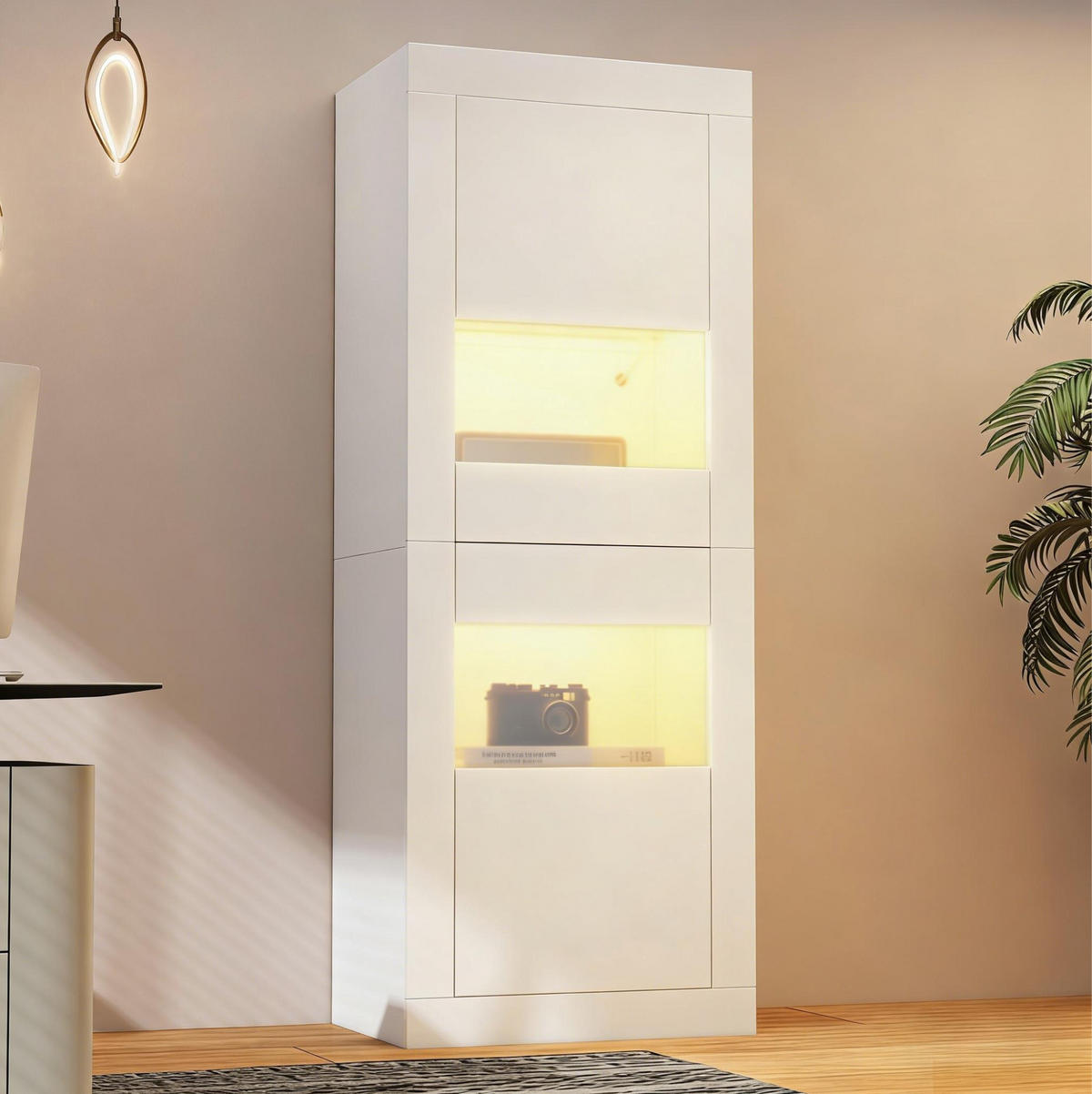 VITRINE in Weiß Highboard mit LED-Beleuchtung und Glasboden für Wohnzimmer und Schlafzimmer, B61/T42/H162 cm - Weiß, Glas/Holzwerkstoff (61/162/42cm) - STILVORA