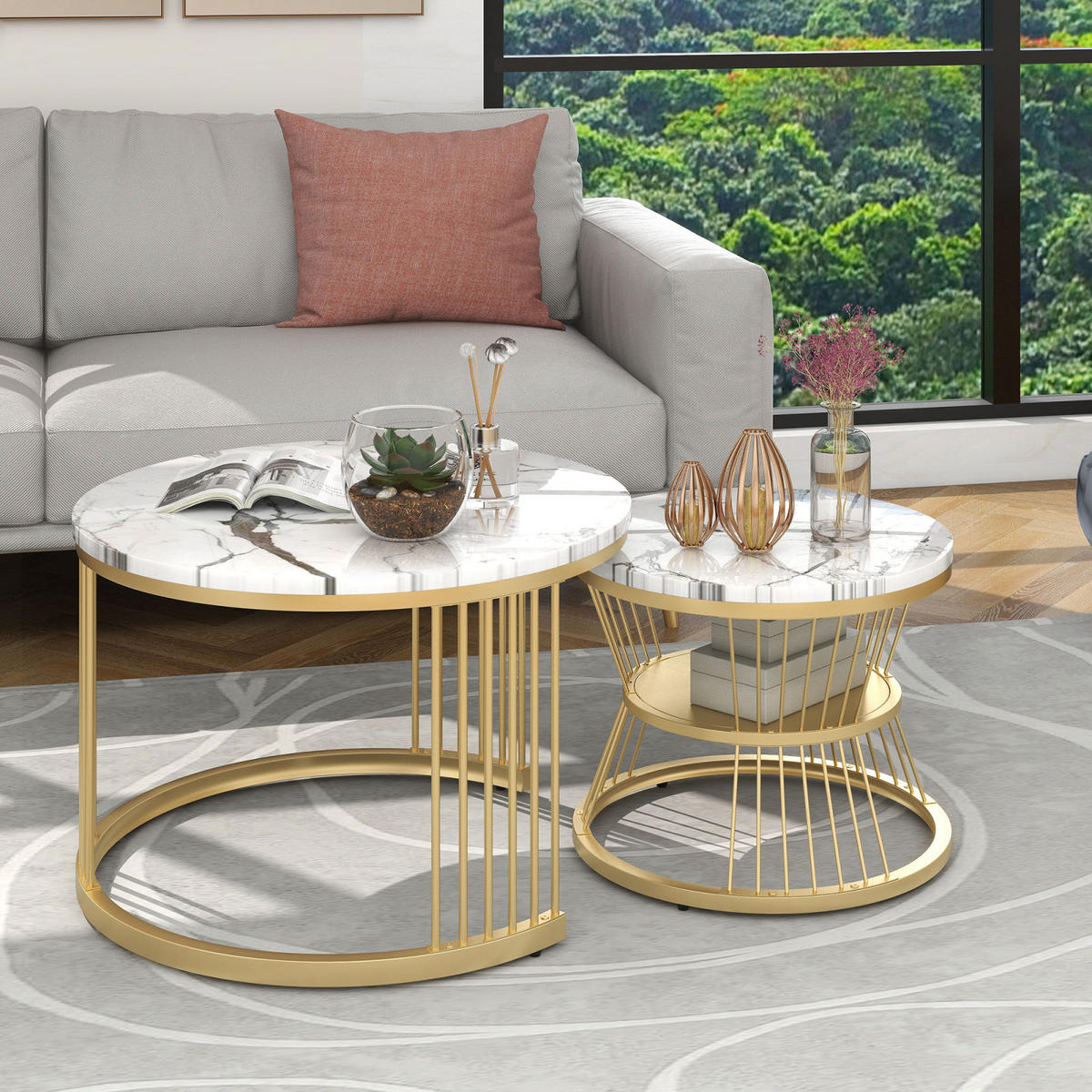 COUCHTISCH 2er Set rund, Wohnzimmer tisch mit Marmoroptik, platzsparend stapelbar - Goldfarben, Metall (70/70/45cm) - PARAFTA HOME