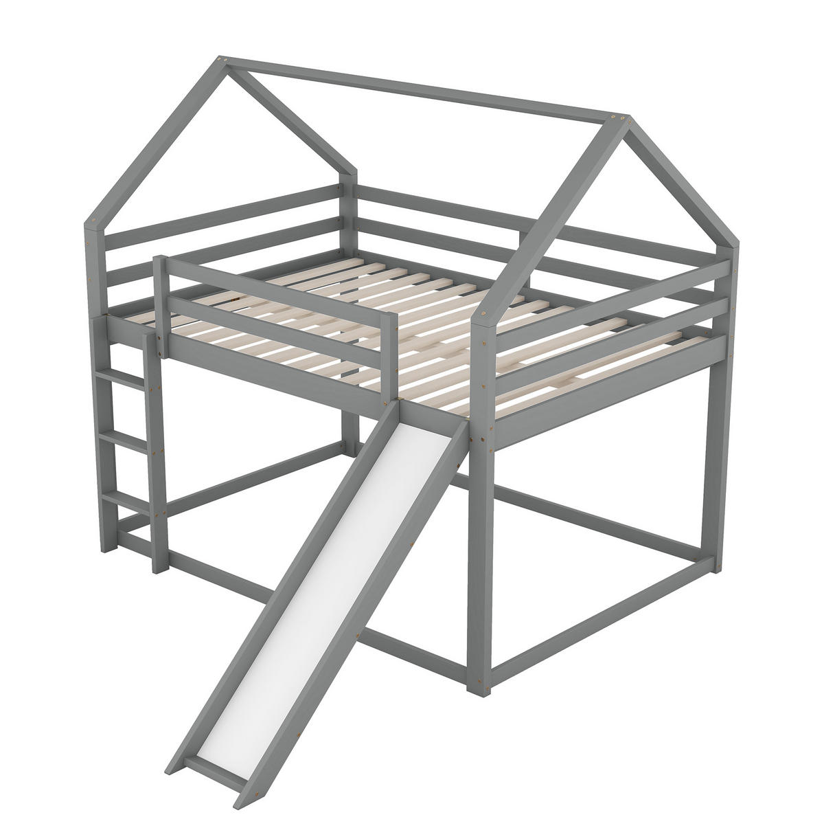 ETAGENBETT aus Kiefer und MDF 140x200 cm Grau mit Rutsche, Leiter und Hausform - Grau, Holzwerkstoff (140/200cm) - Modfu