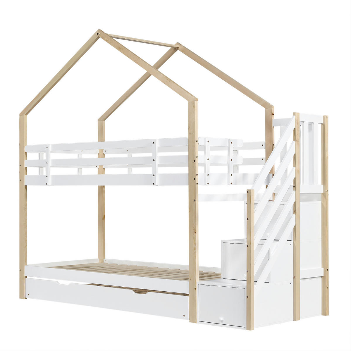 ETAGENBETT mit Ausziehbett und Schubladentreppe 90x200/90x190 cm Natur/Weiß - Weiß, Holzwerkstoff (90/200cm) - Beauniv