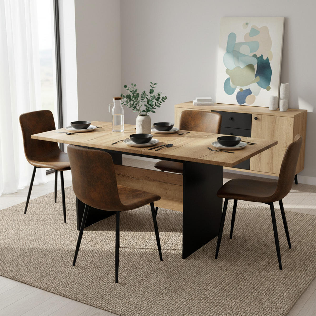 TISCHGRUPPE 5-teilig Ausziehtisch 140–180 cm Eiche-Optik & 4 Stühle Vintage-Braun - Schwarz/Eiche San Remo, Holzwerkstoff/Textil (180/75/80cm) - Urban Meuble