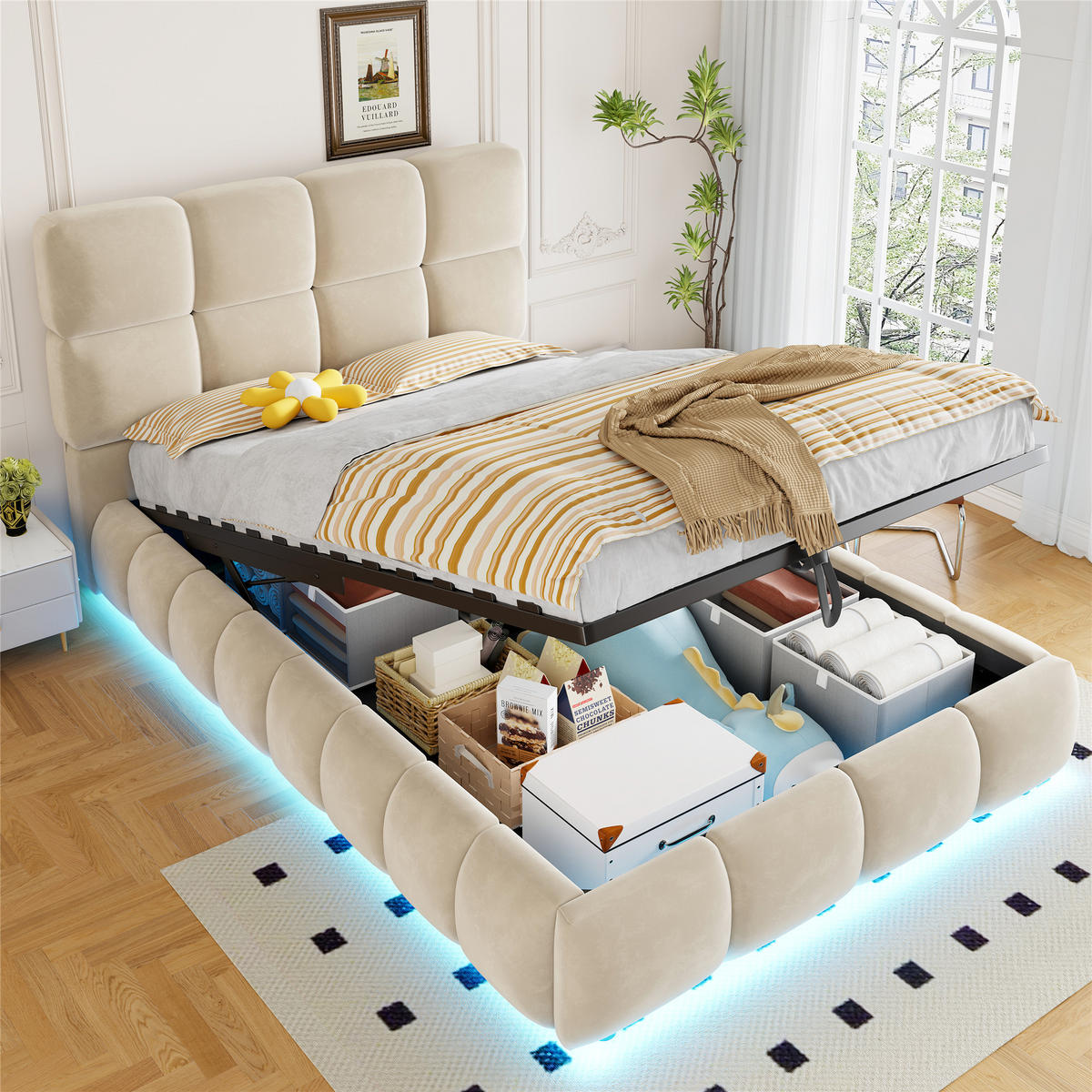 POLSTERBETT 90/200 cm in Beige mit Bettkasten, LED, Samt und gepolstertem Kopfteil - Beige, Holzwerkstoff/Textil (90/200cm) - STILVORA