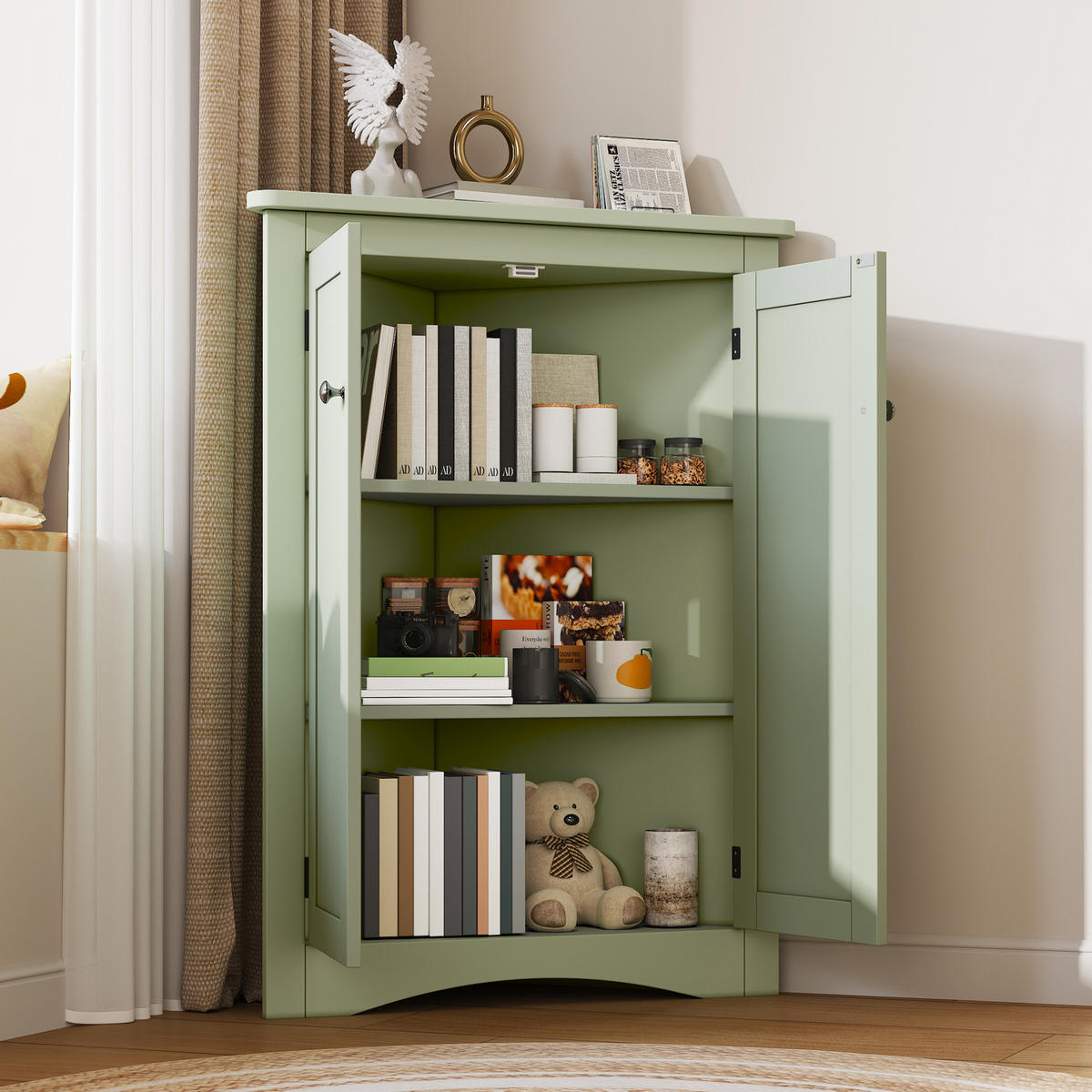 ECKSCHRANK 61.5x34.5x90cm in Grün mit 2 Einlegeböden, Kippschutz & Dreieckdesign - Grün, Holzwerkstoff (34.5/90/61.5cm) - Modfu