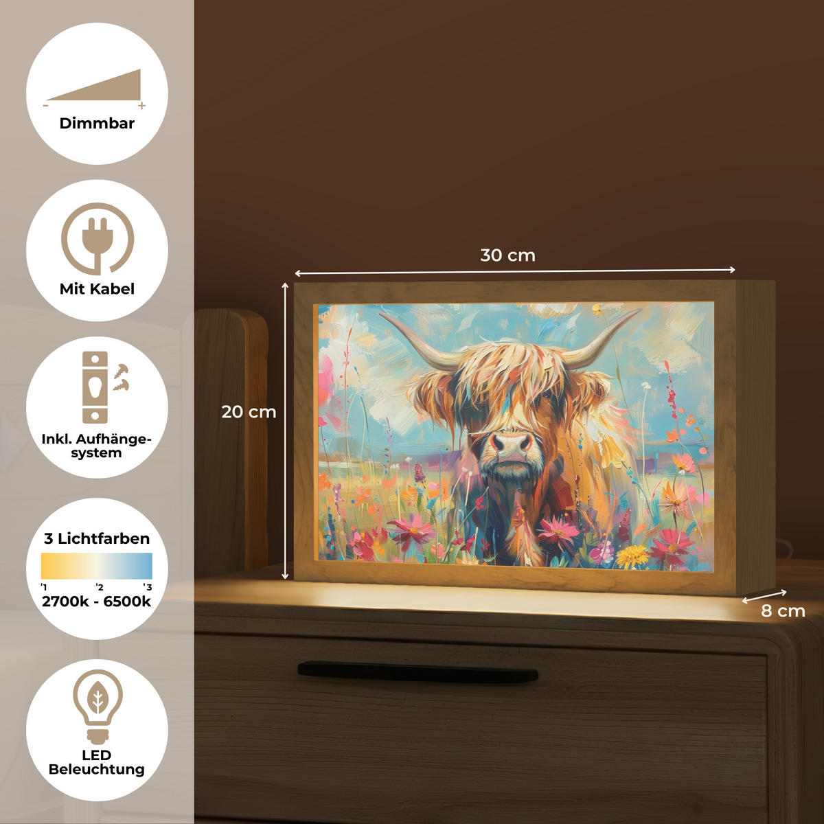 NÁSTĚNNÁ LAMPA Skotský horal - Příroda - Barevné - Květiny 30x20 cm - různobarevná, kompozitní dřevo (30/20/8cm) - OnlyWow