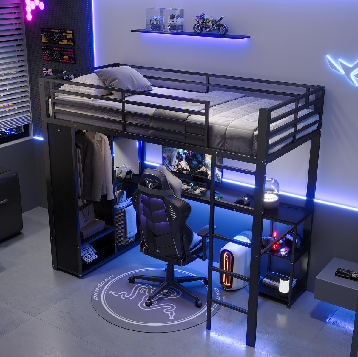 HOCHBETT MDF+Metall 90x200 cm Schwarz mit Schreibtisch, LED-Lichtleiste und offenem Stauraum - Schwarz, Holzwerkstoff (90/200cm) - Modfu