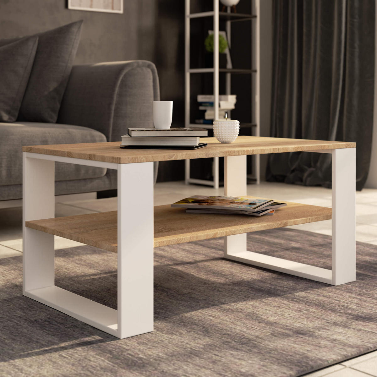 COUCHTISCH ALEX Sonoma Eiche, Weiß 92x53x45 cm - Weiß/Sonoma Eiche, Holzwerkstoff (53/92/45cm) - Akord
