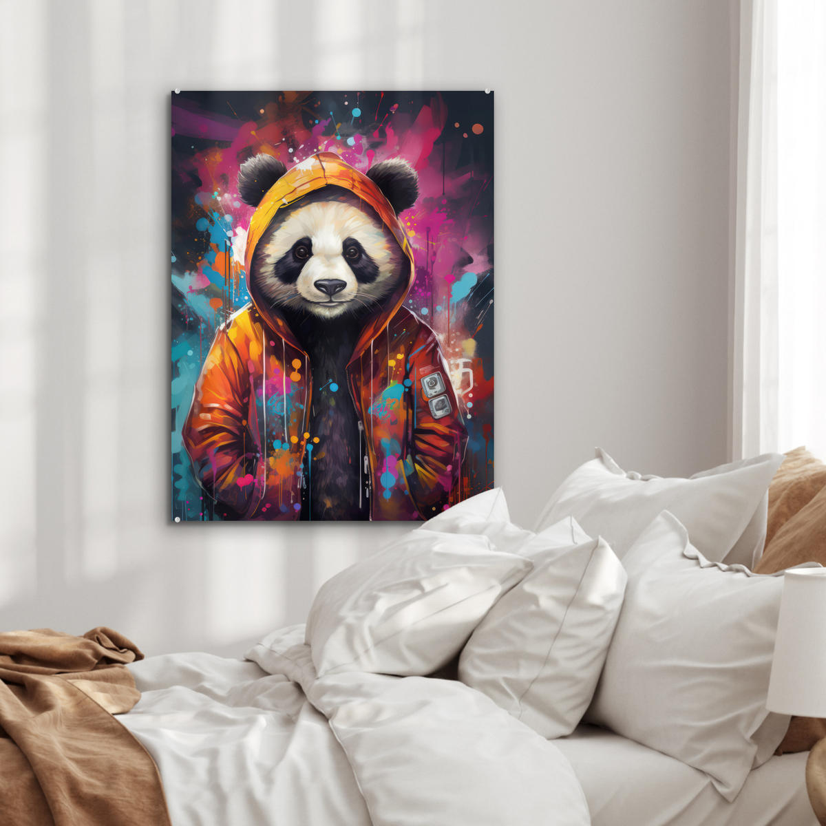 ACRYLGLASBILD Panda - Jacke - Graffiti - Orange 60x80 cm - Orange, Glas (60/80cm) - MuchoWow